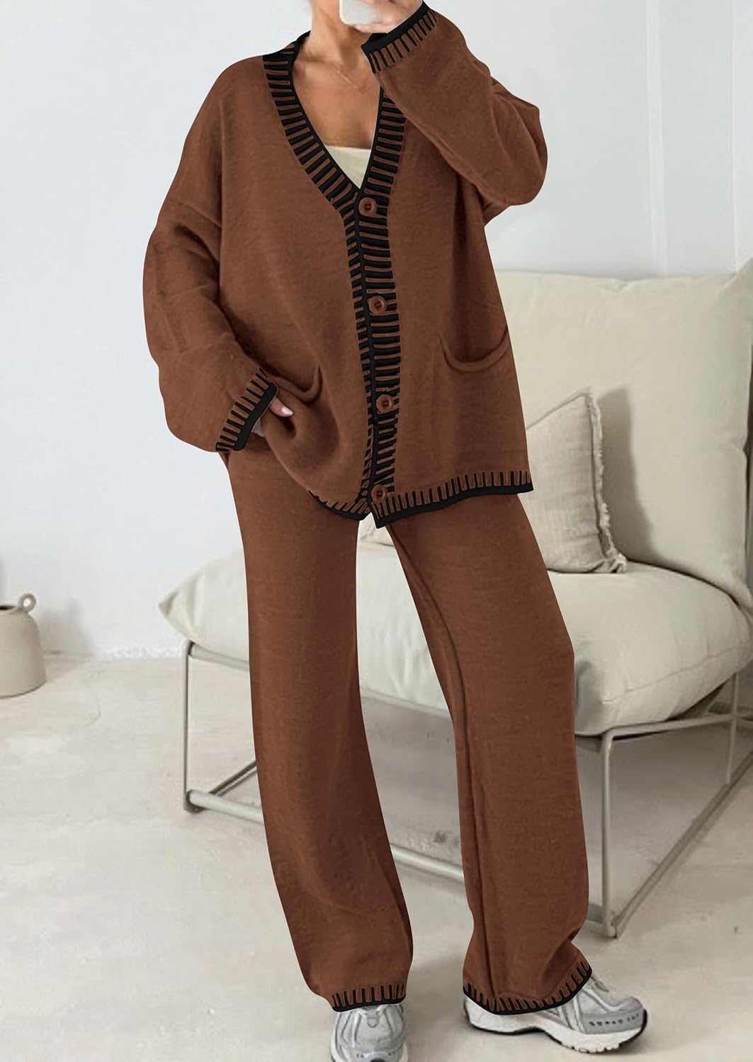 Detalle 2 de PRETTYGARDEN Women’s Lounge Set (2-Piece) Cardigan & Wide-Leg Pants