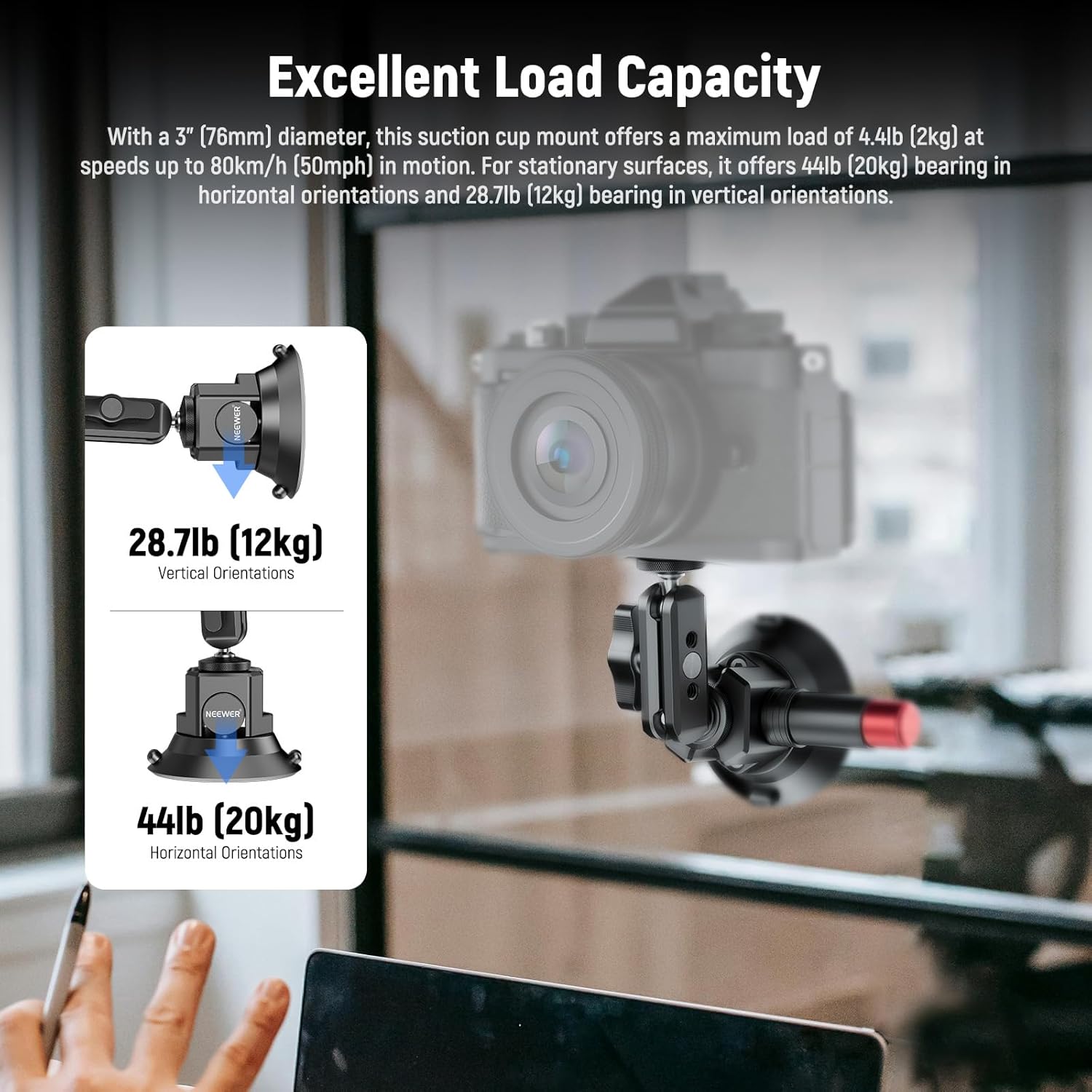 Thumbnail 2 de NEEWER 3" Suction Cup Camera Mount Bracket with Ball Head Magic Arm (1/4" ARRI holes) – CA104