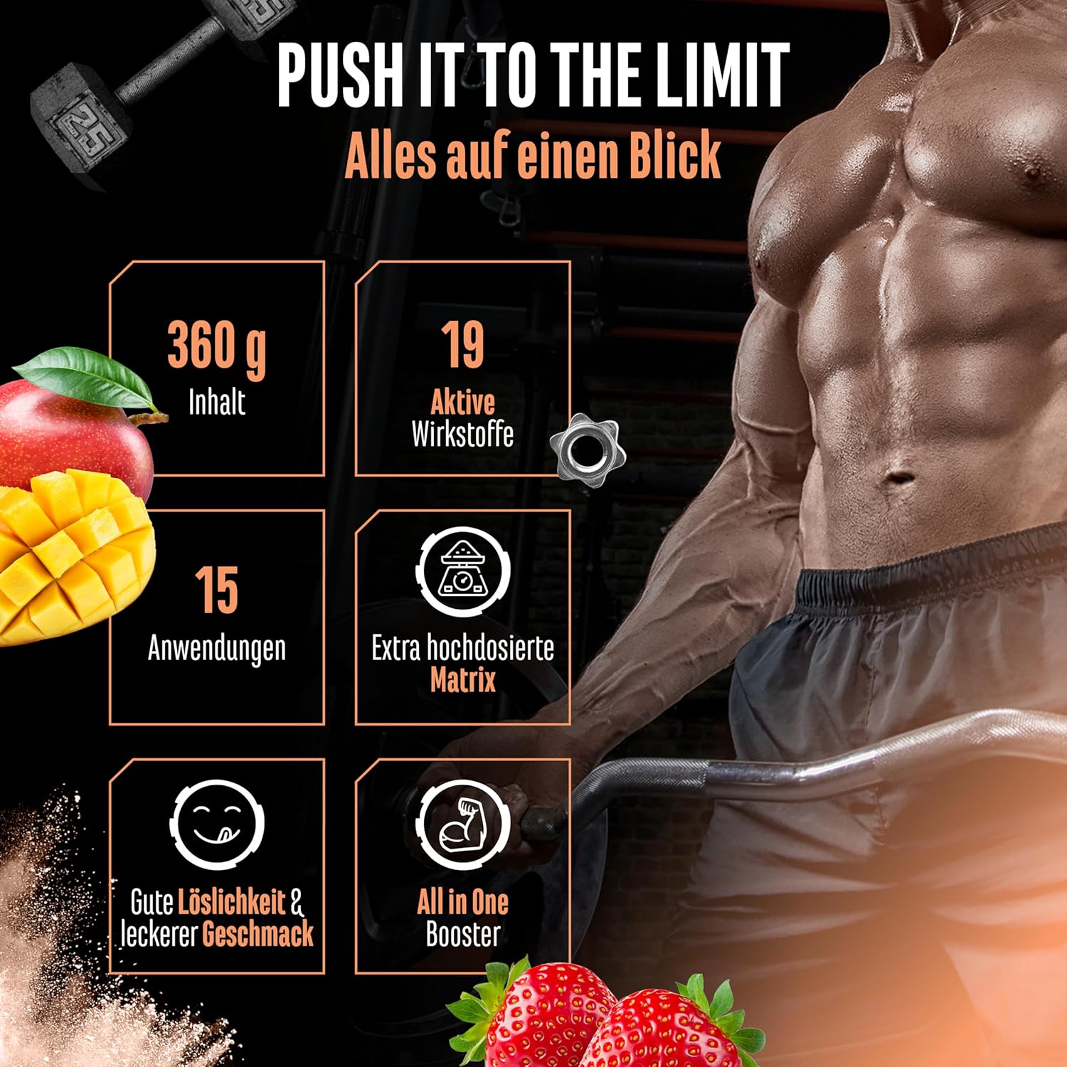 Thumbnail 2 de Push it to the Limit Pre Workout (360 g) mit L-Arginin, Citrullin, Theanin, Rhodiola & Koffein – Mango Strawberry