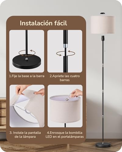 Thumbnail 7 de EDISHINE Lámpara de Pie Salón con Pantalla de Lino y Luz 2700 K — Negro