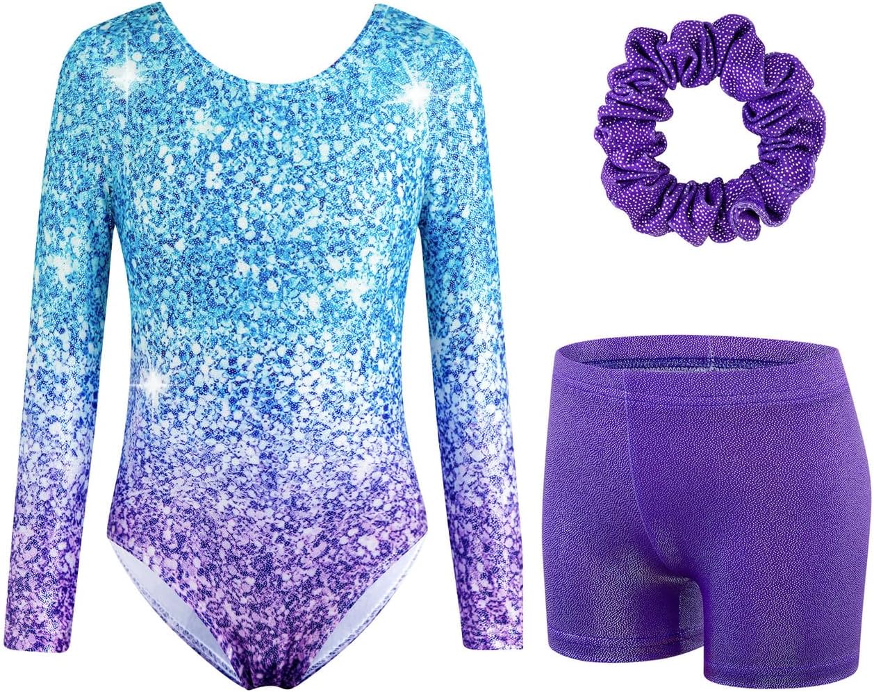 Thumbnail 2 de XiaoMoSha Girls Three-Piece Gymnastics Leotards Set: Long Sleeve Leotard, Shorts & Hairband (3–12 Years)