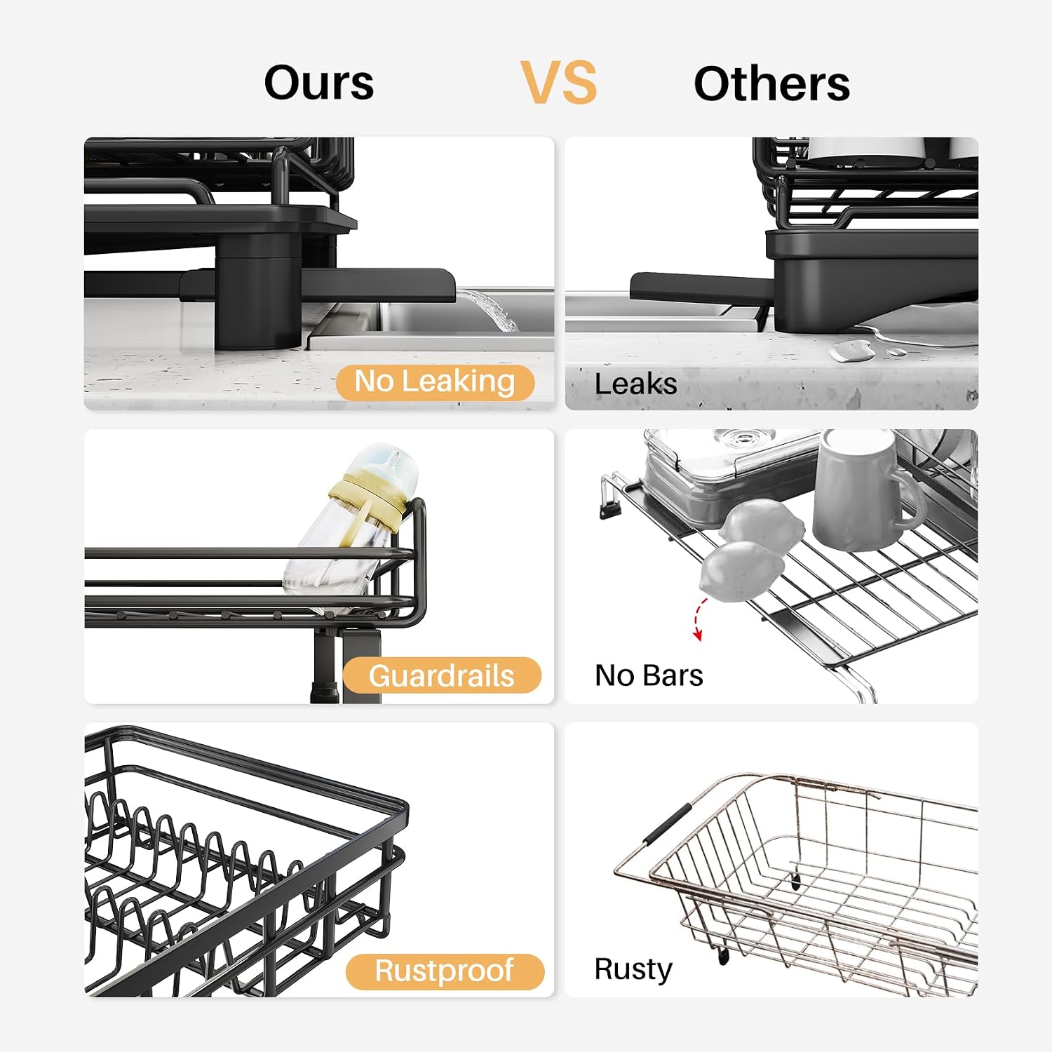 Detalle de SNTD SN-YYC1T-EV Expandable Dish Drying Rack, Black Stainless Steel