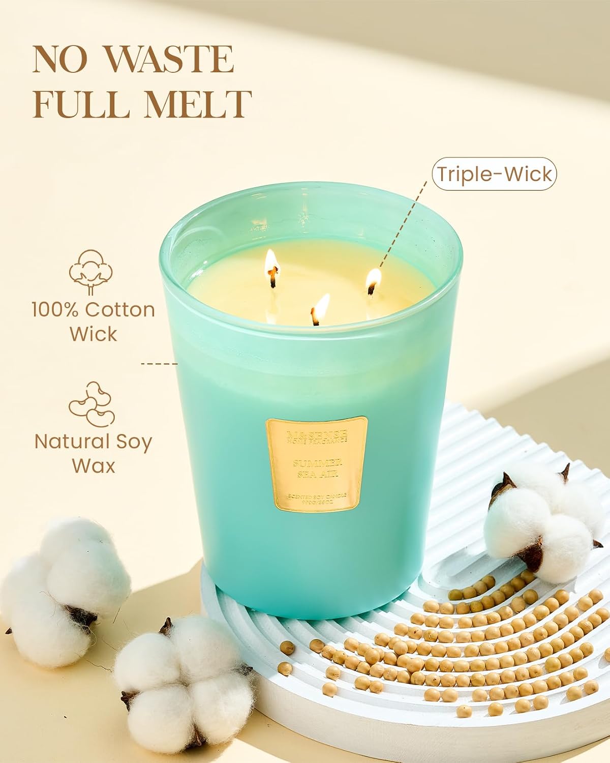 Detalle de M&SENSE Summer Sea Air Soy Candle, 35oz 3-Wick — Large Jar, 150-Hour Slow Burn