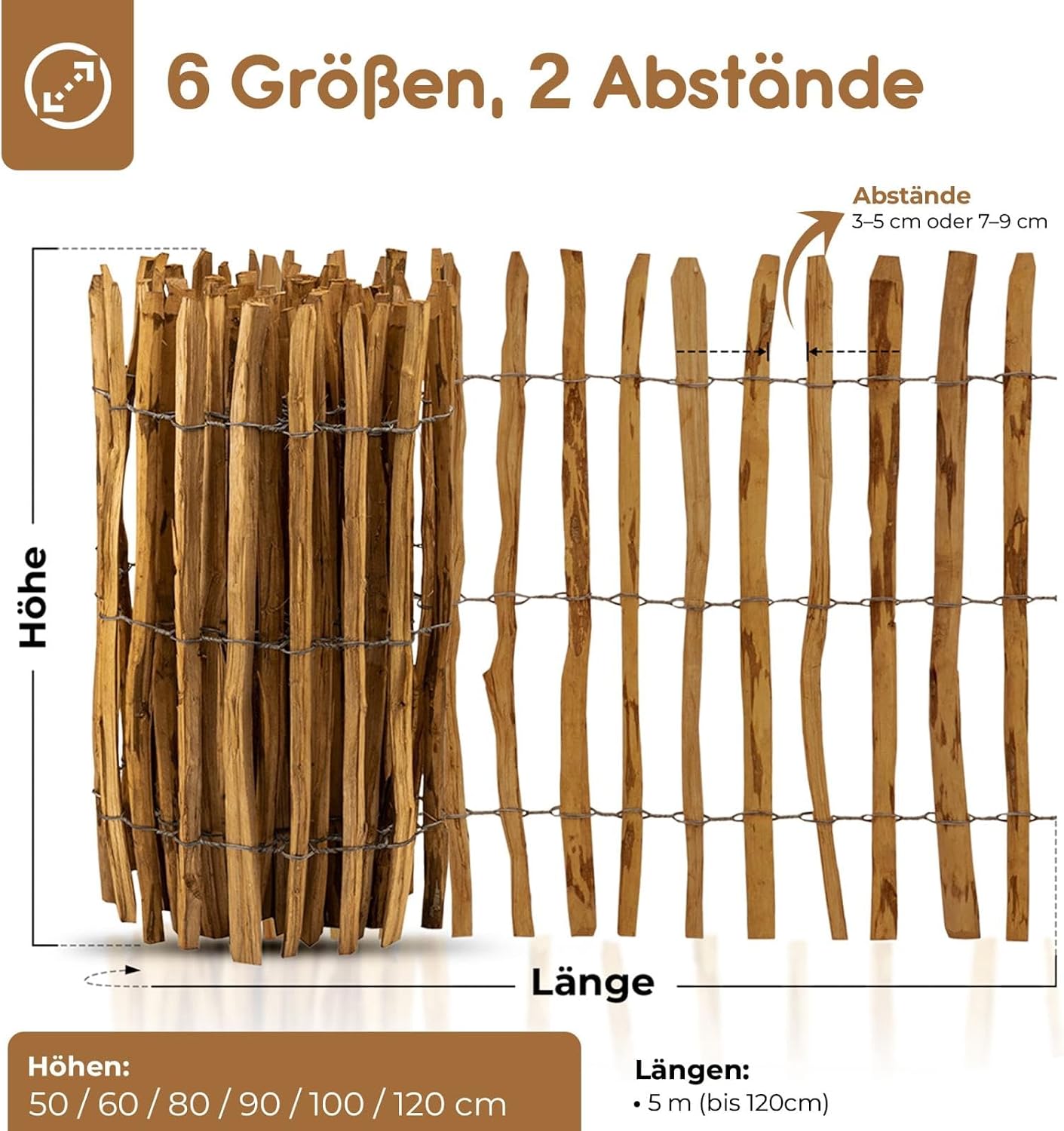 Detalle de BOOGARDI Gartenzaun Holz – Staketenzaun aus Haselnuss, 50 cm hoch, 5 m lang