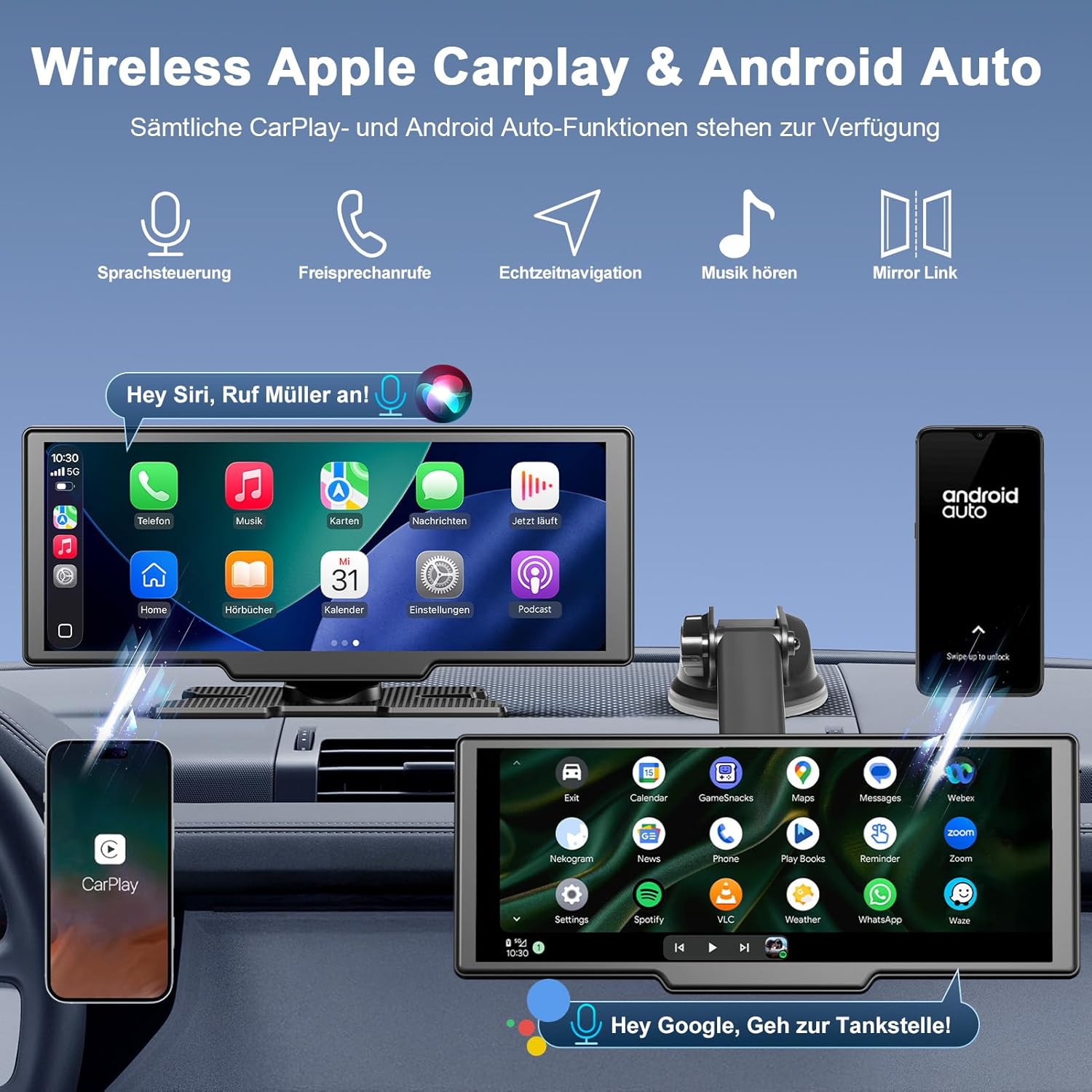 Thumbnail 1 de CarPlay/Android Auto Display (10,26 Zoll) mit kabellosem Wireless-Betrieb, Rückfahrkamera und Sprachsteuerung