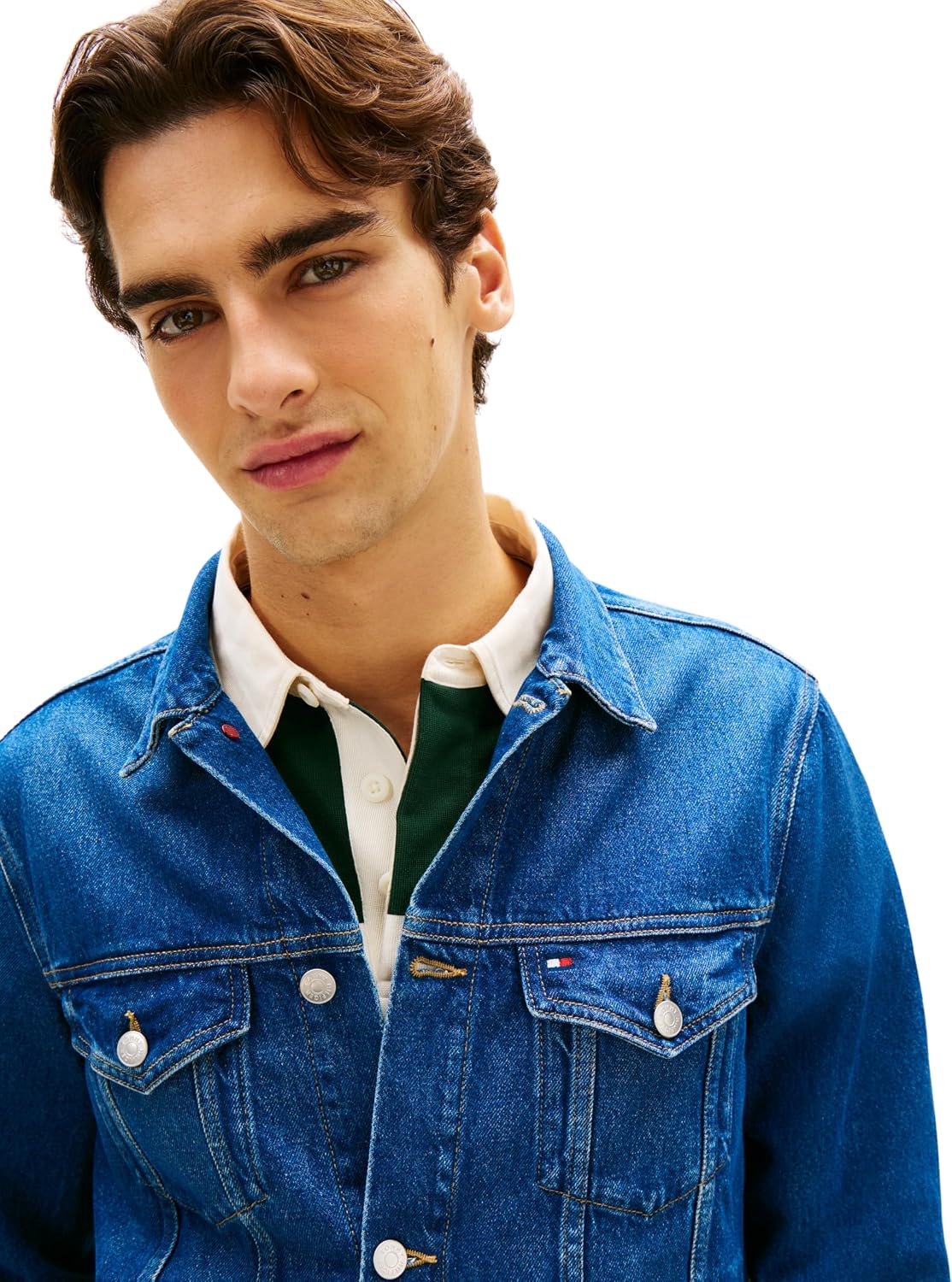 Detalle de Tommy Hilfiger Men's Regular Trucker Jacket Ike Blue – a versatile, regenerative denim staple