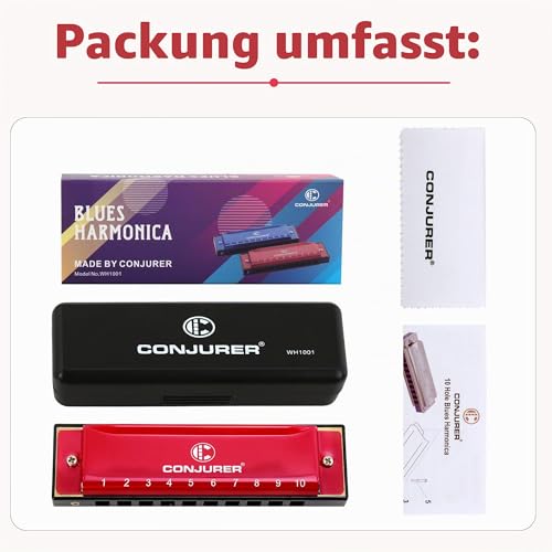 Thumbnail 6 de Conjurer Blues Mundharmonika C-Dur WH1001 – 10-Loch Diatonische Harmonika, rotes Aluminiumgehäuse