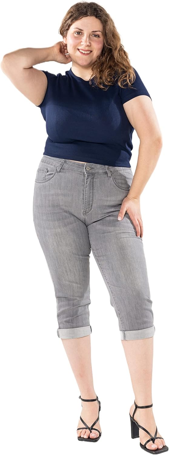 Detalle de Nina Carter P200 Damen Capri Jeanshosen Große Größen HIGH Waist – Sommer Used-Look