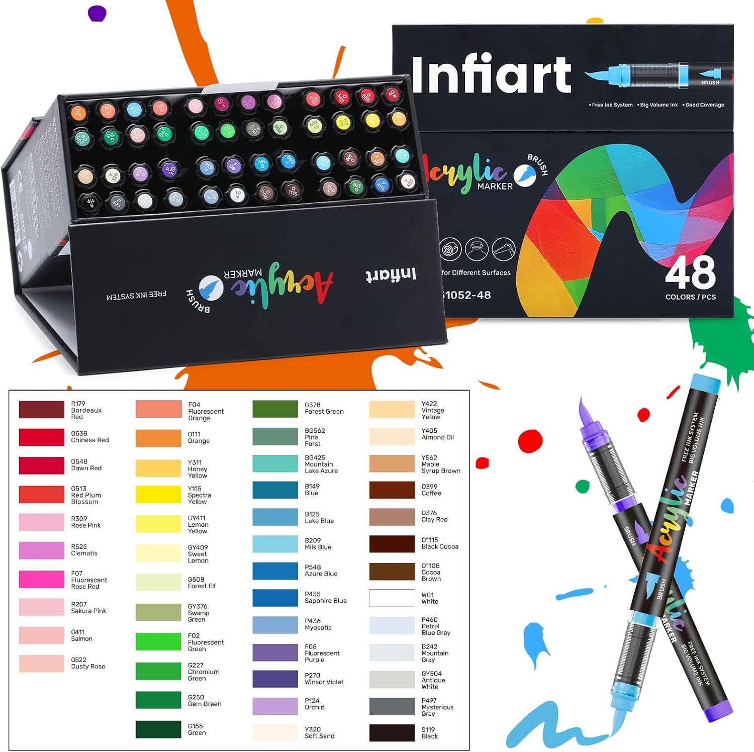 Thumbnail 6 de Infiart 48 Farben Acryl Marker – Pinselspitze, automatische Tintenkontrolle, 3,4 g Kapazität