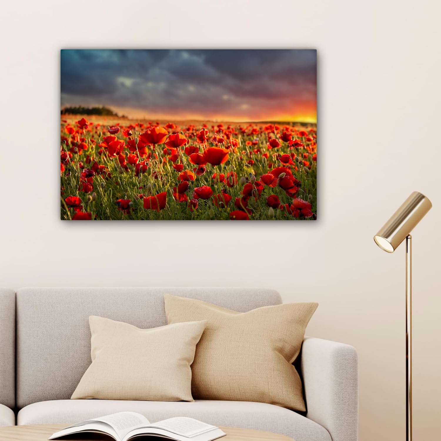Thumbnail 2 de Impressions sur toile MuchoWow 90x60 cm – Coquelicots rouges, coucher de soleil, décoration murale