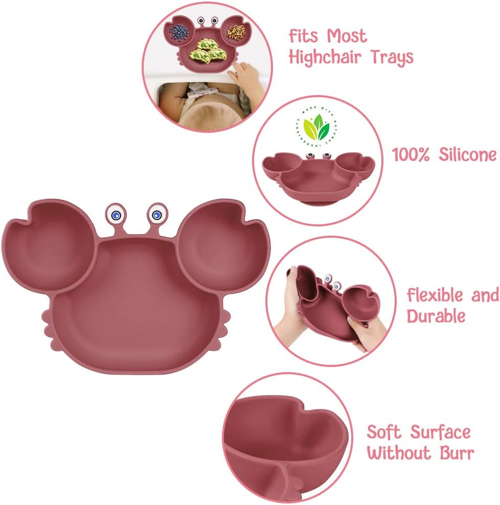 Thumbnail 2 de Vicloon Assiette Ventouse pour Bébé – 3 compartiments en silicone, lavable au lave-vaisselle et micro-ondes (Rose Rouge)