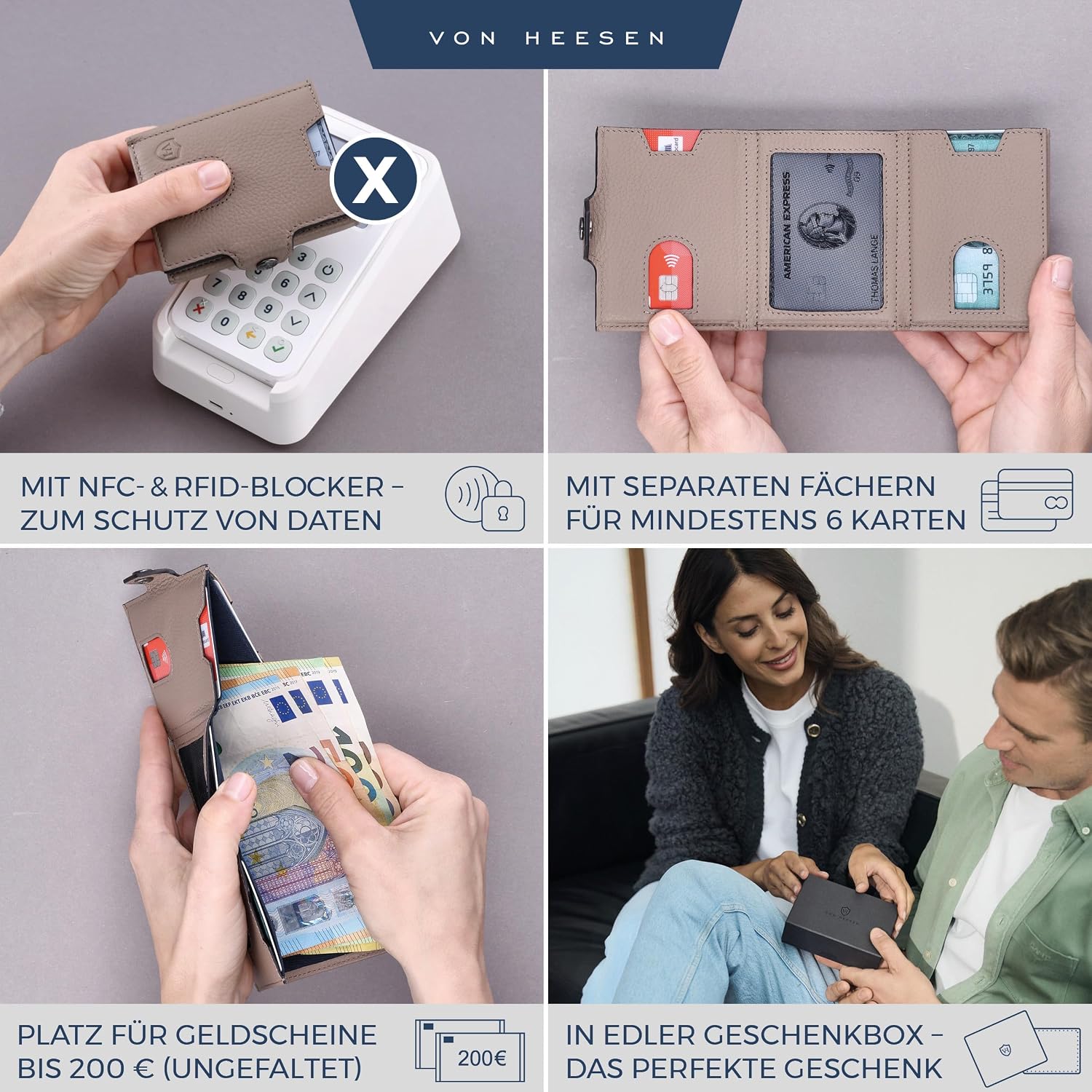 Detalle de VON HEESEN Slim Wallet mit RFID-Schutz – kleines Echtleder Kartenetui (Taupe), flach & leicht
