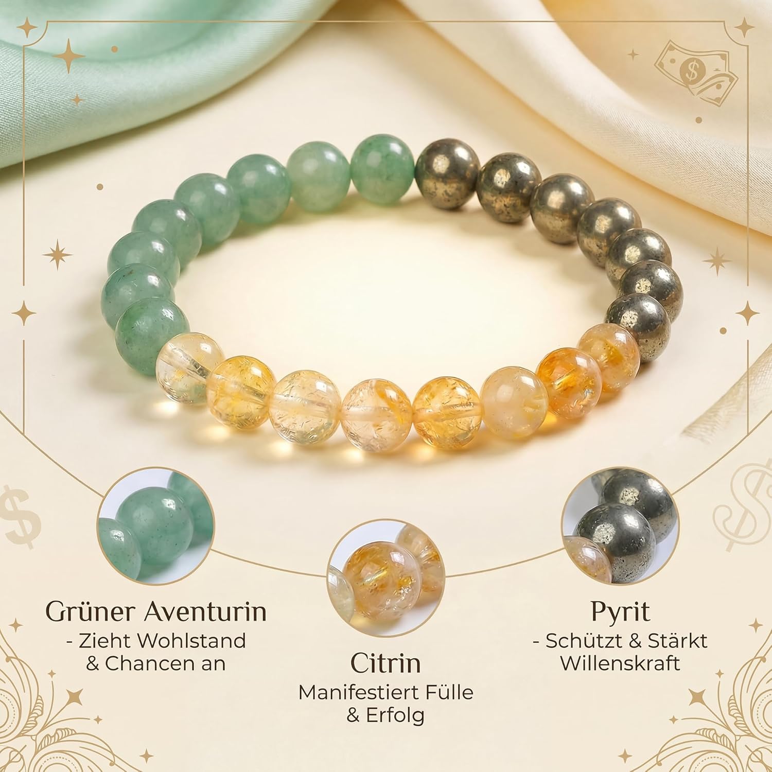 Thumbnail 2 de Bivei Armband Stärkendes Kristall-Heilungsarmband mit Citrin, Grüner Aventurin & Pyrit (8 mm) – Stretch-Perlenarmband