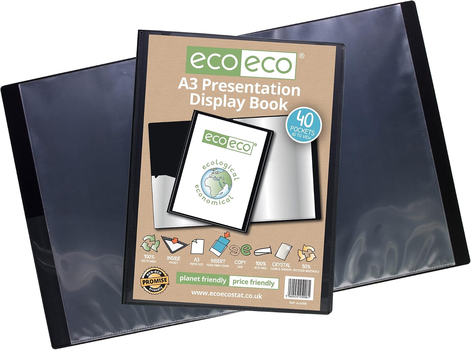 Thumbnail 1 de eco-eco A3 50% Recycled 40 Pocket Black Presentation Display Book (Pack of 2)