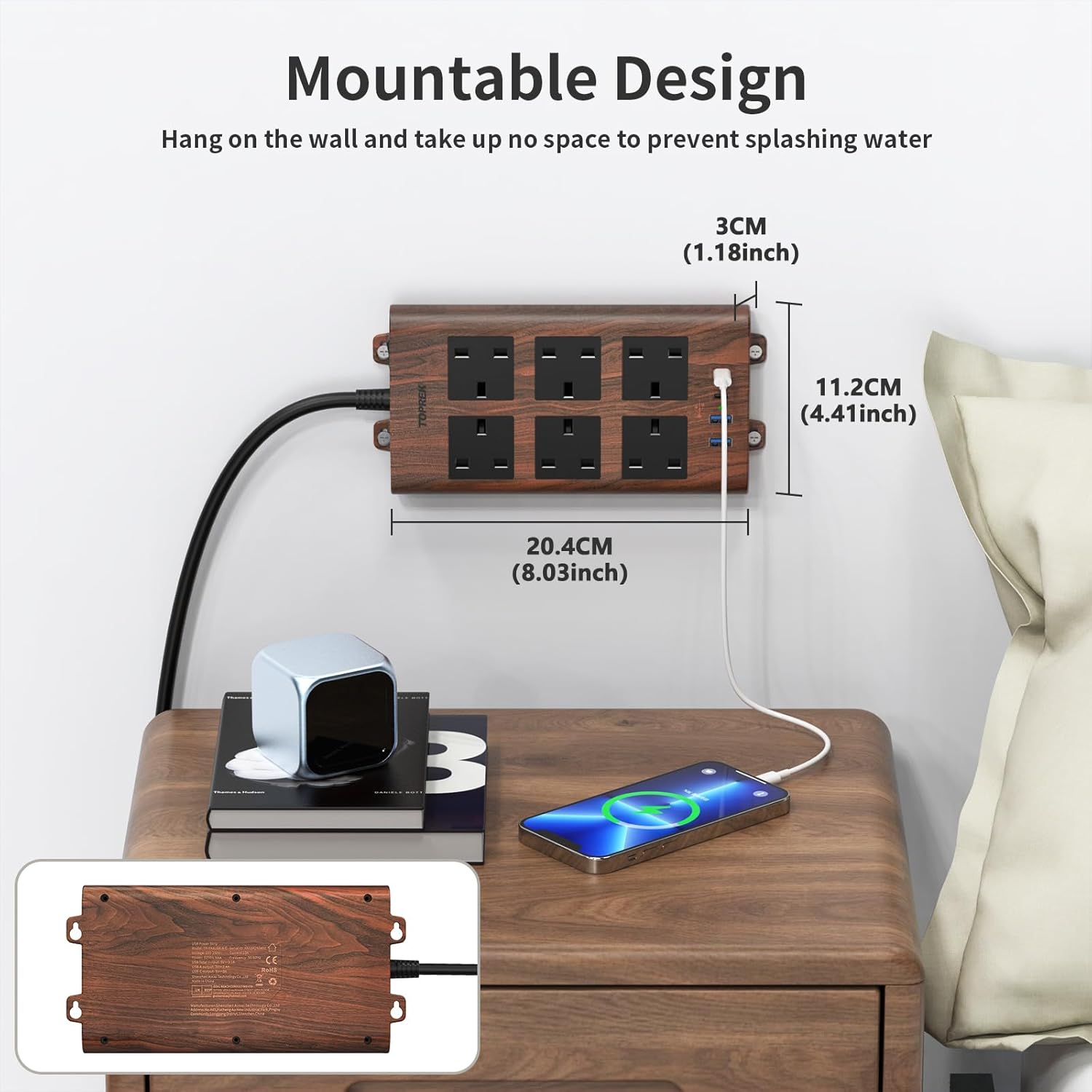 Detalle de TOPREK Wood Grain 6-Way Extension Lead with 2USB-C, 2USB-A & Surge Protection (2m, Brown)
