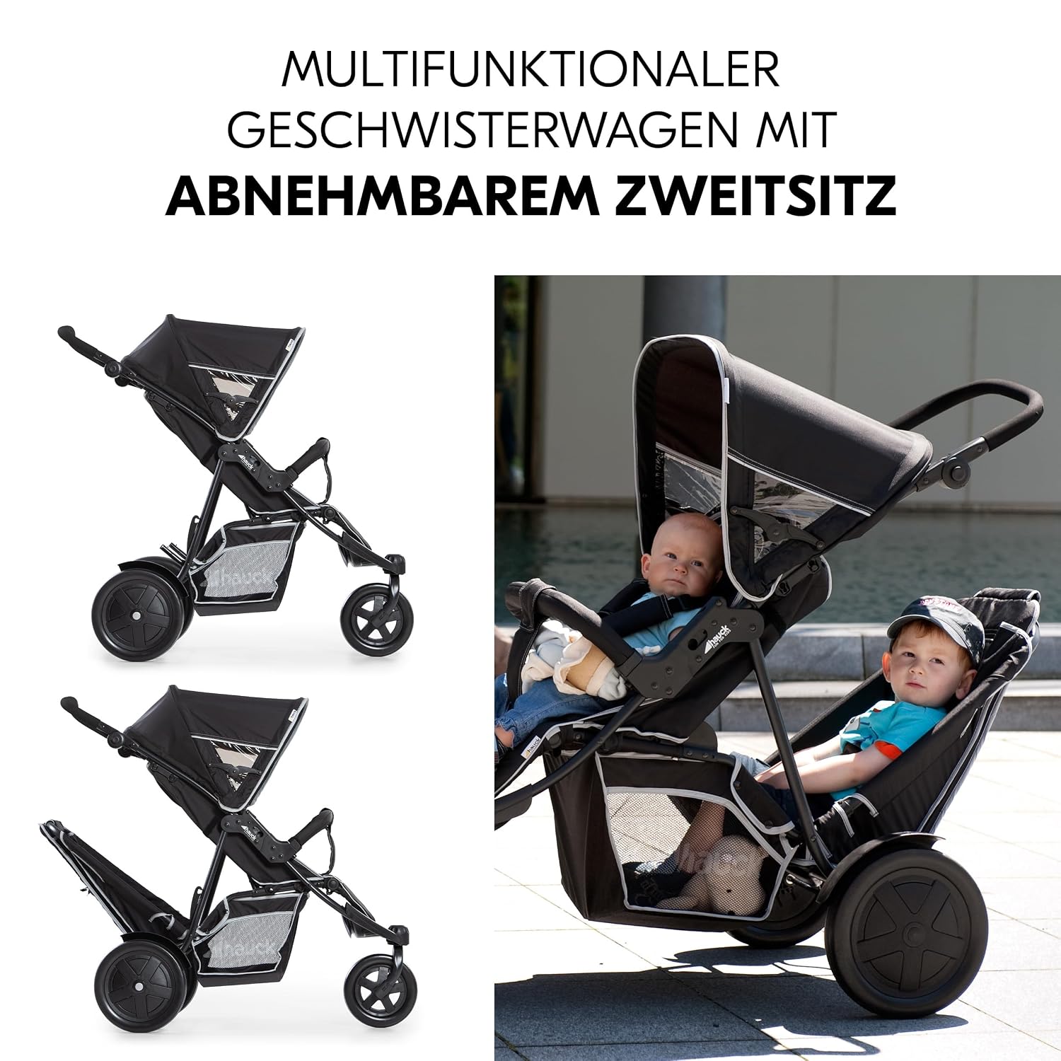 Detalle de hauck Dreirad Geschwisterbuggy Freerider Black –-zweifach flexibel für Baby ab Geburt und Kleinkind bis ca. 3 Jahre