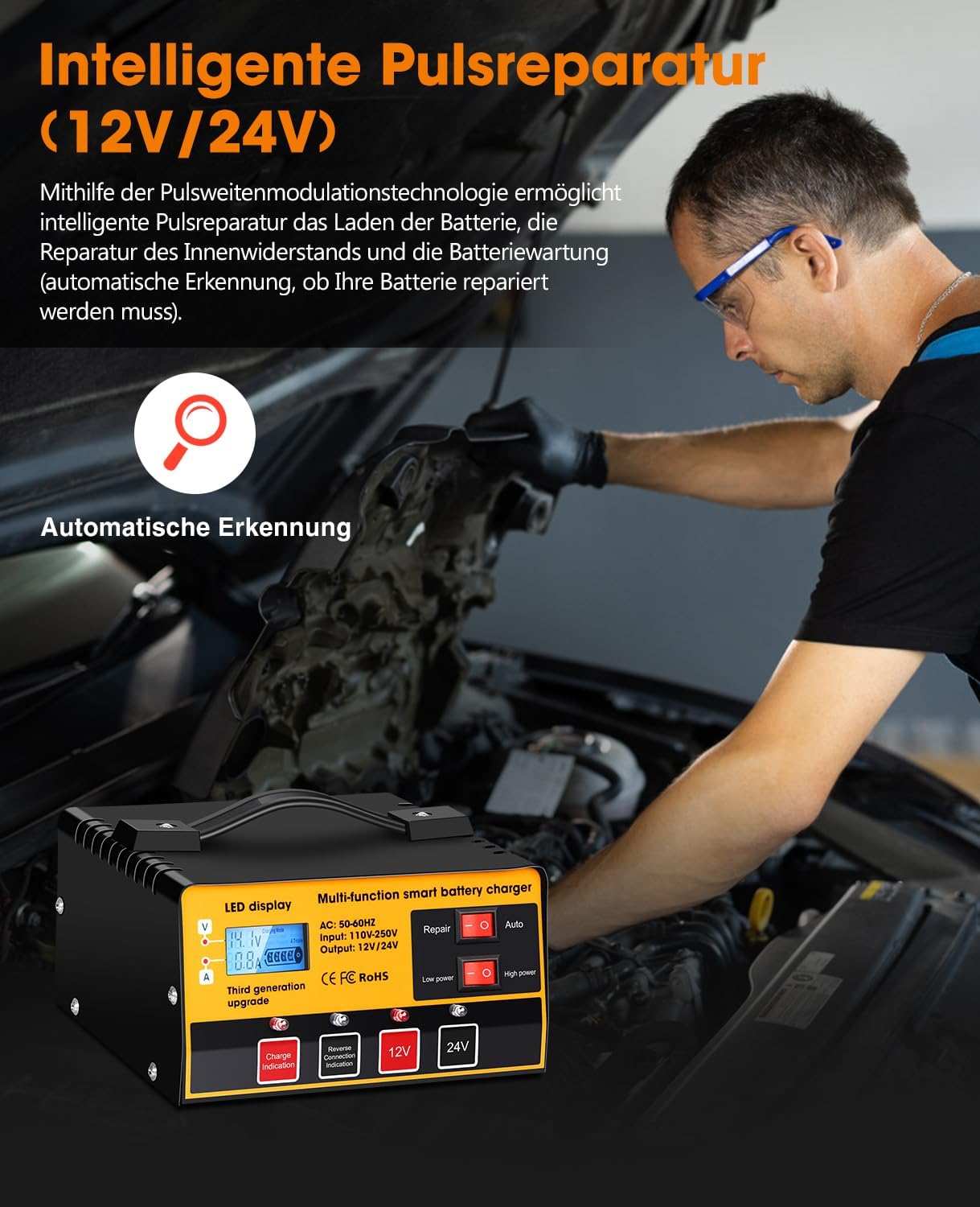 Thumbnail 4 de Arrinew Carica Batteria per Auto: caricabatterie intelligente con LCD, riparazione degli impulsi e protezioni avanzate