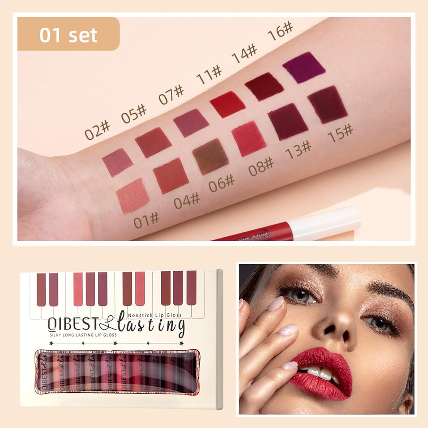 Thumbnail 1 de QiBest 12-Piece Matte Liquid Lipstick Set (24-Hour, Waterproof) — Nude & Dark Red Velvet Finish
