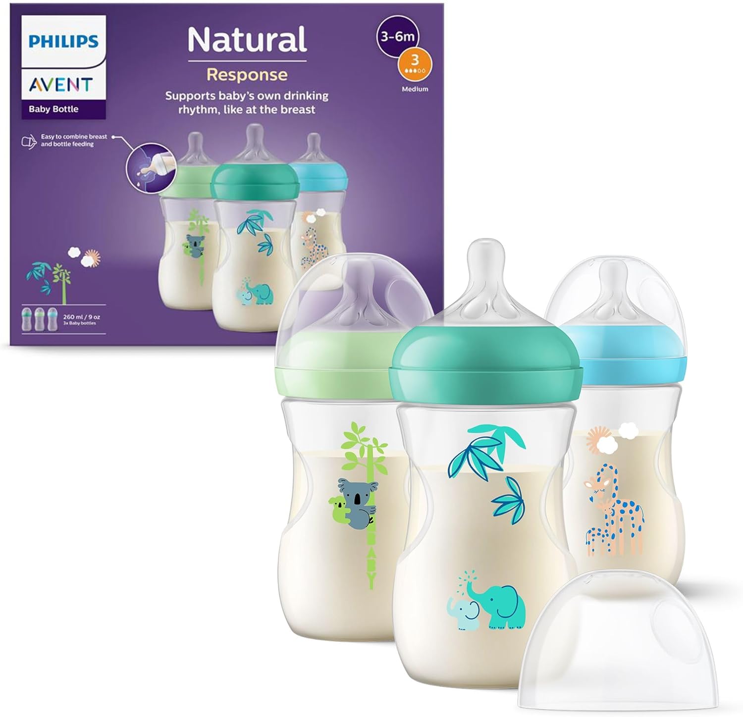 Detalle de Philips Avent Natural Response Biberon 260 ml (3 pezzi) con tettarella flusso medio, design tropicale SCY903/73