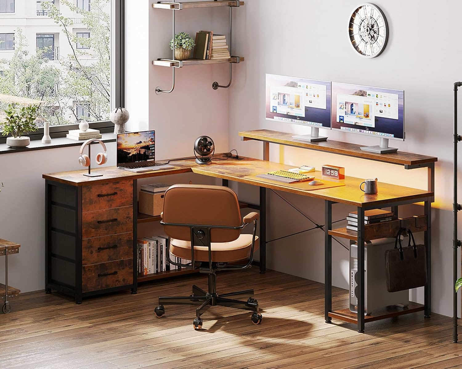 Thumbnail 3 de ODK Bureau d'angle réversible avec tiroirs 135x110 cm – Brun vintage, USB, LED et rangement
