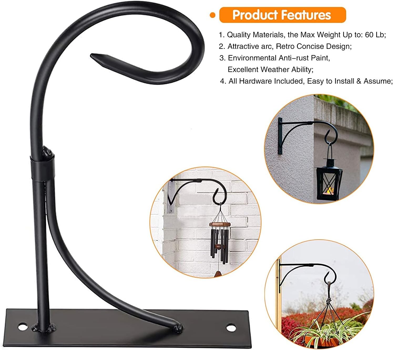 Detalle de Iron Wall Mount Plant Hanger (2-pack, 11 inch) rust-resistant brackets for hanging plants, lanterns and more