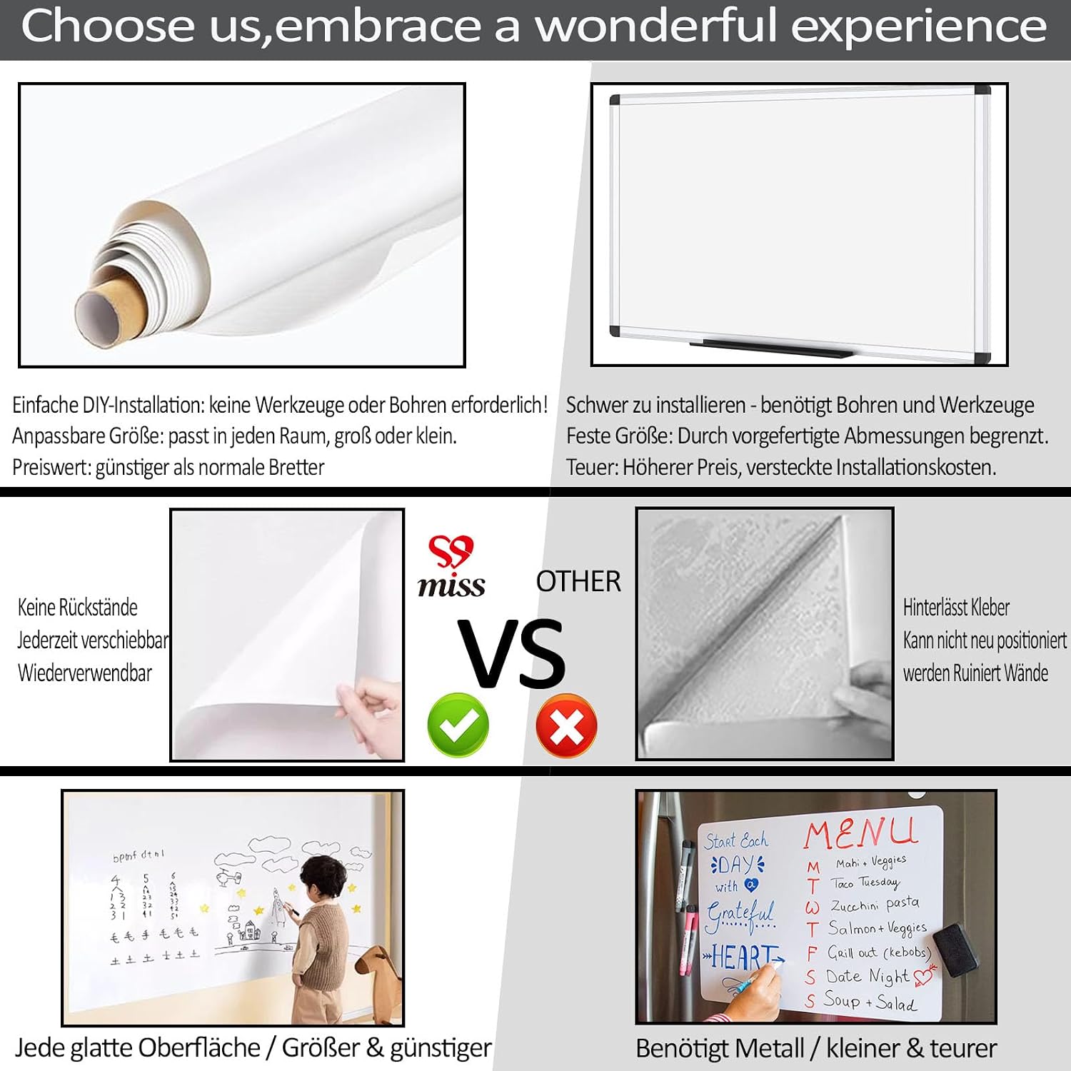 Detalle de 17.3 x 157.5 in White Board Paper Roll – Dry Erase, No Glue Static Cling, Portable DIY Whiteboard
