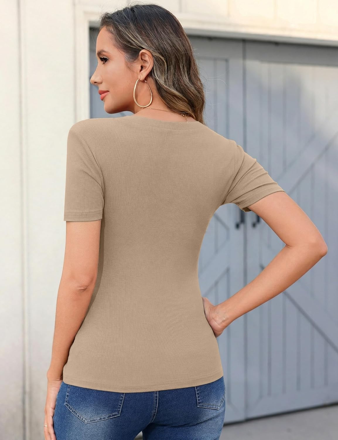 Thumbnail 4 de Aottori Damen T-Shirt V-Ausschnitt – Gerippte Slim-Fit Basic