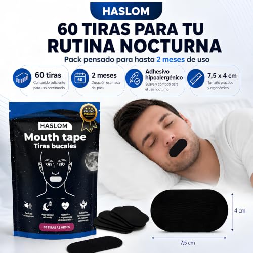 Detalle de HASLOM 60 Tiras Bucales para Dormir Negras – Cinta bucal antironquidos
