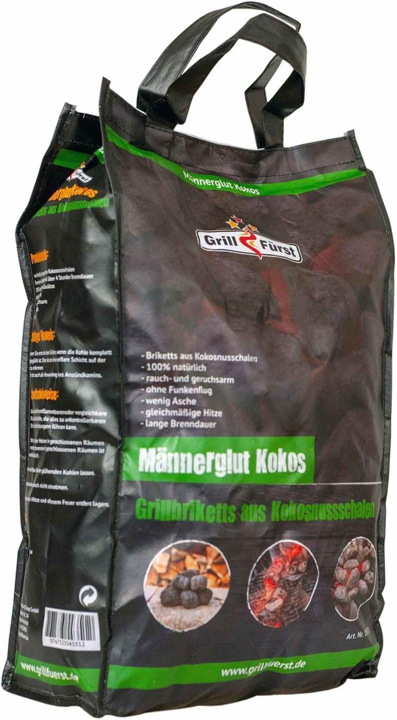 Grillfürst Männerglut Kokos Grillbriketts (10 kg) – lange Brenndauer aus 100 % Kokosschalen