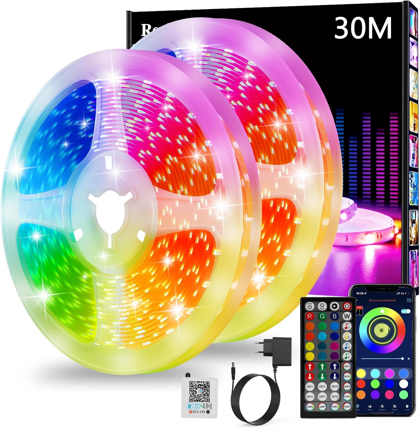 Detalle de Realky LED Strip 30 m (2×15 m) – RGB Smart-Lichtleiste mit Bluetooth, App & IR-Fernbedienung