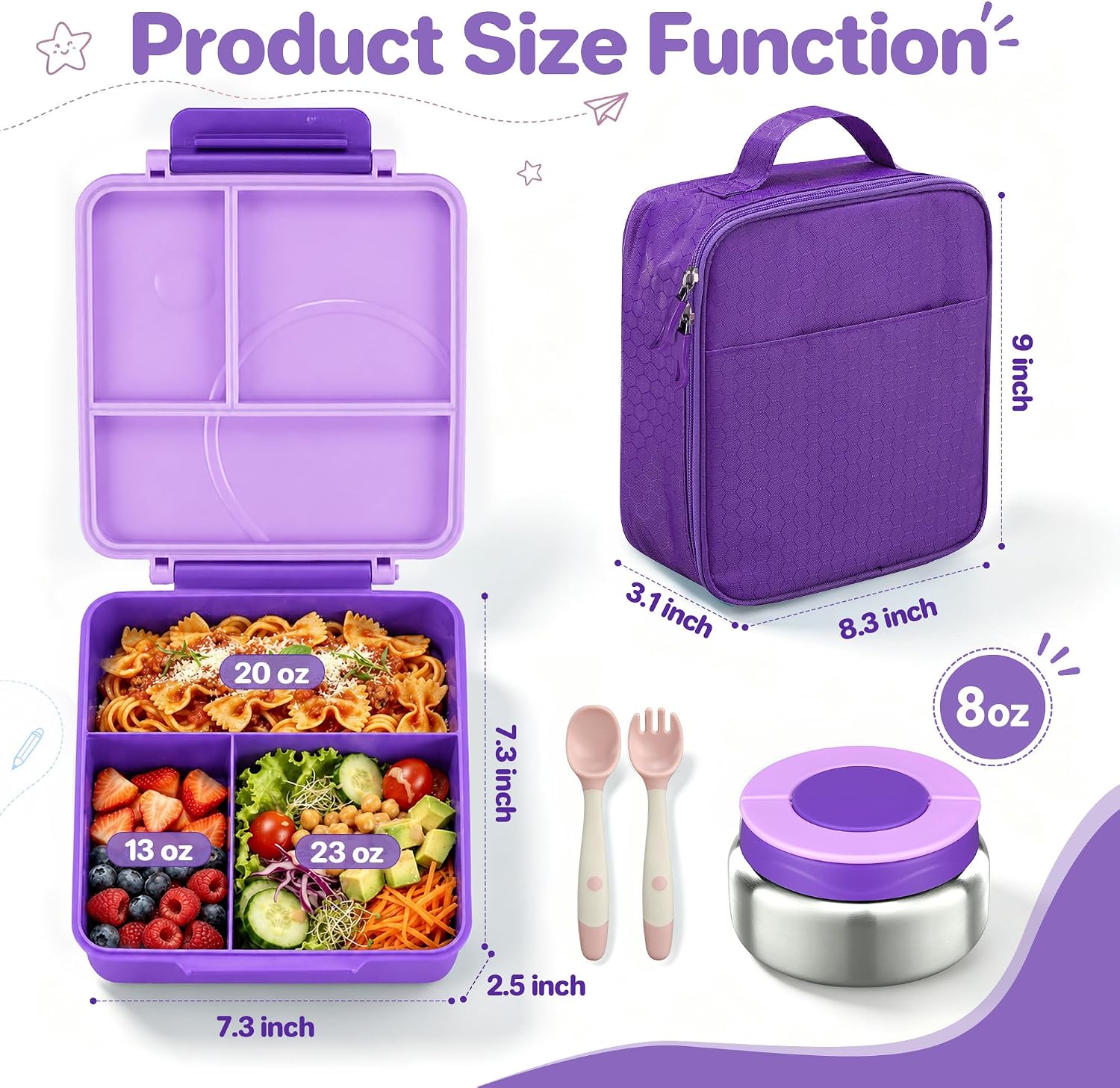 Thumbnail 4 de Kids Bento Lunch Box Set with 8oz Soup Thermo (Leak-Proof) + 4-Compartment Containers, Insulated Lunch Bag - Purple