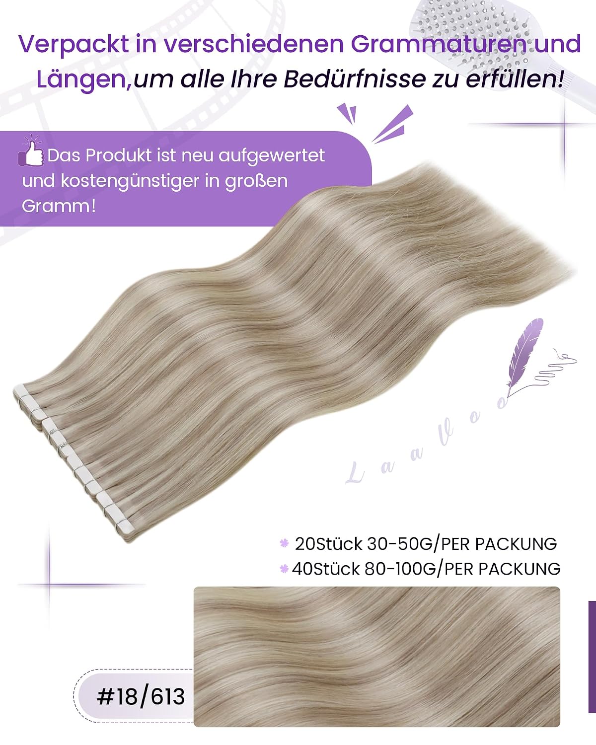 Detalle de LaaVoo Tape Extensions Echthaar Ashblond Remy Tape in Blond Highlights #18/613 (20 Strähnen, 30 cm)
