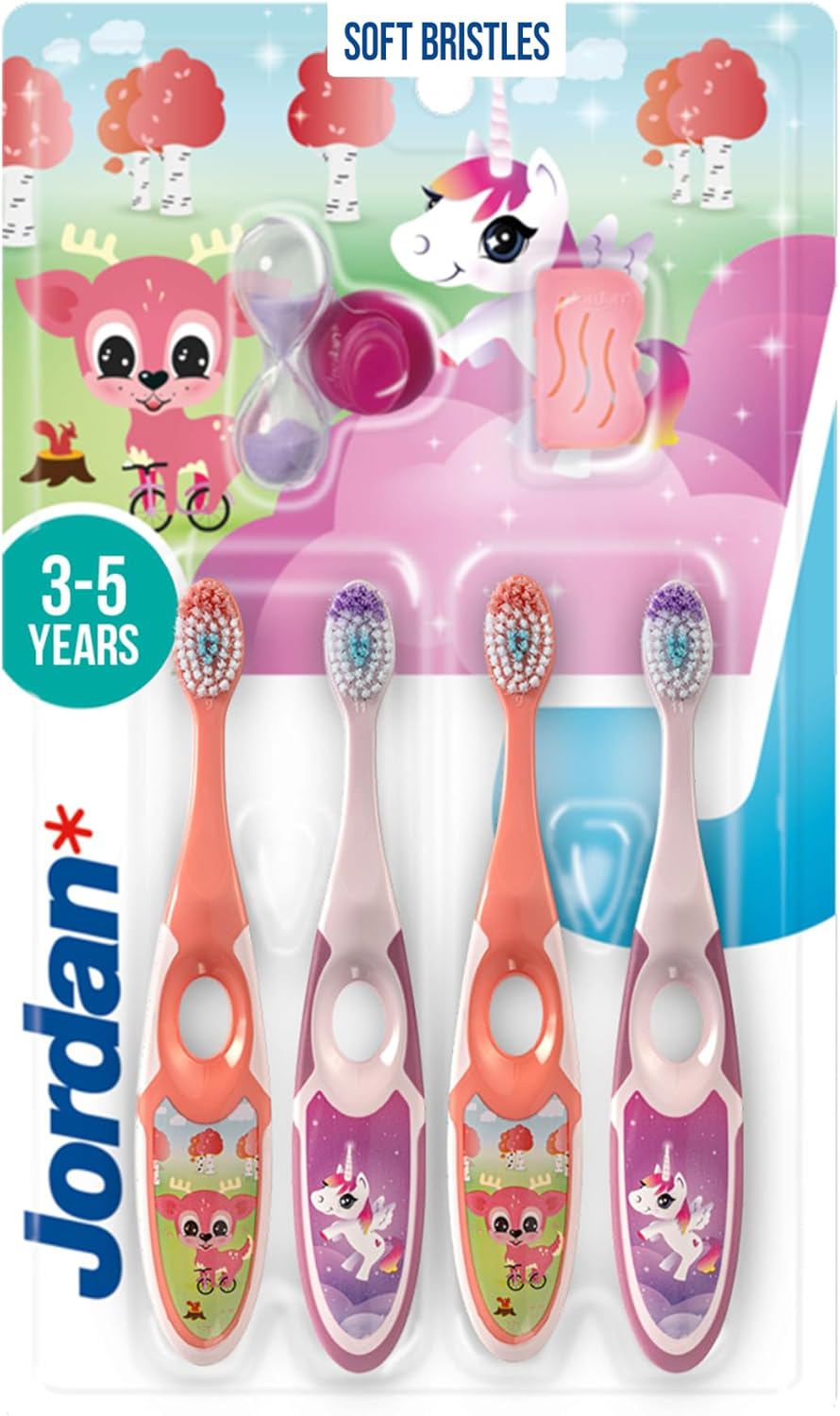 Detalle de Jordan Step 2 Brosse à dents pour enfants (3–5 ans) — Pack 4, poils souples, double poignée, sans BPA, couleur rose et jaune