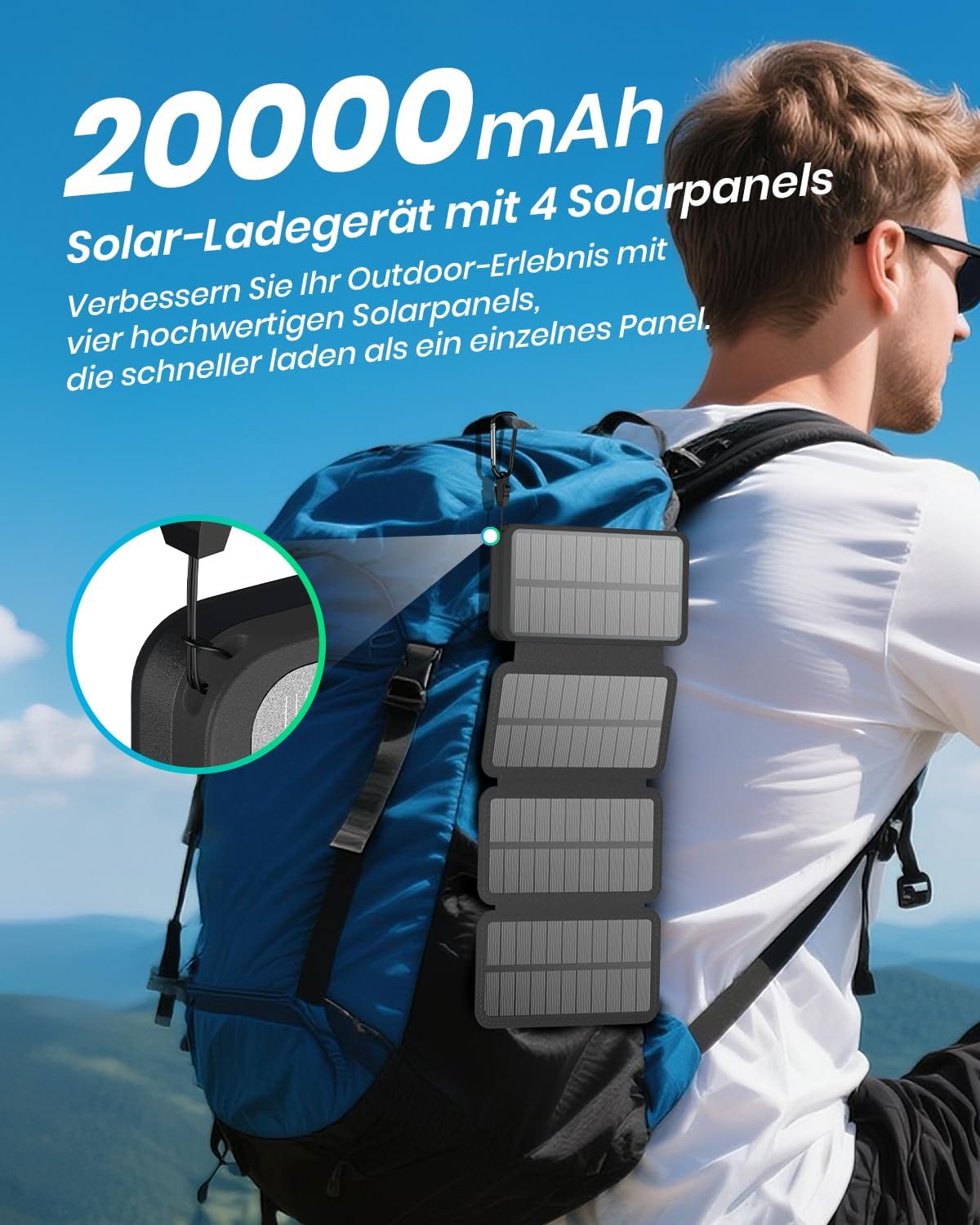 Detalle de Solar Powerbank 20000mAh – A ADDTOP Solar Ladegerät mit 22,5W Schnellladung, 4 faltbaren Solarpanels und USB-C/USB-A