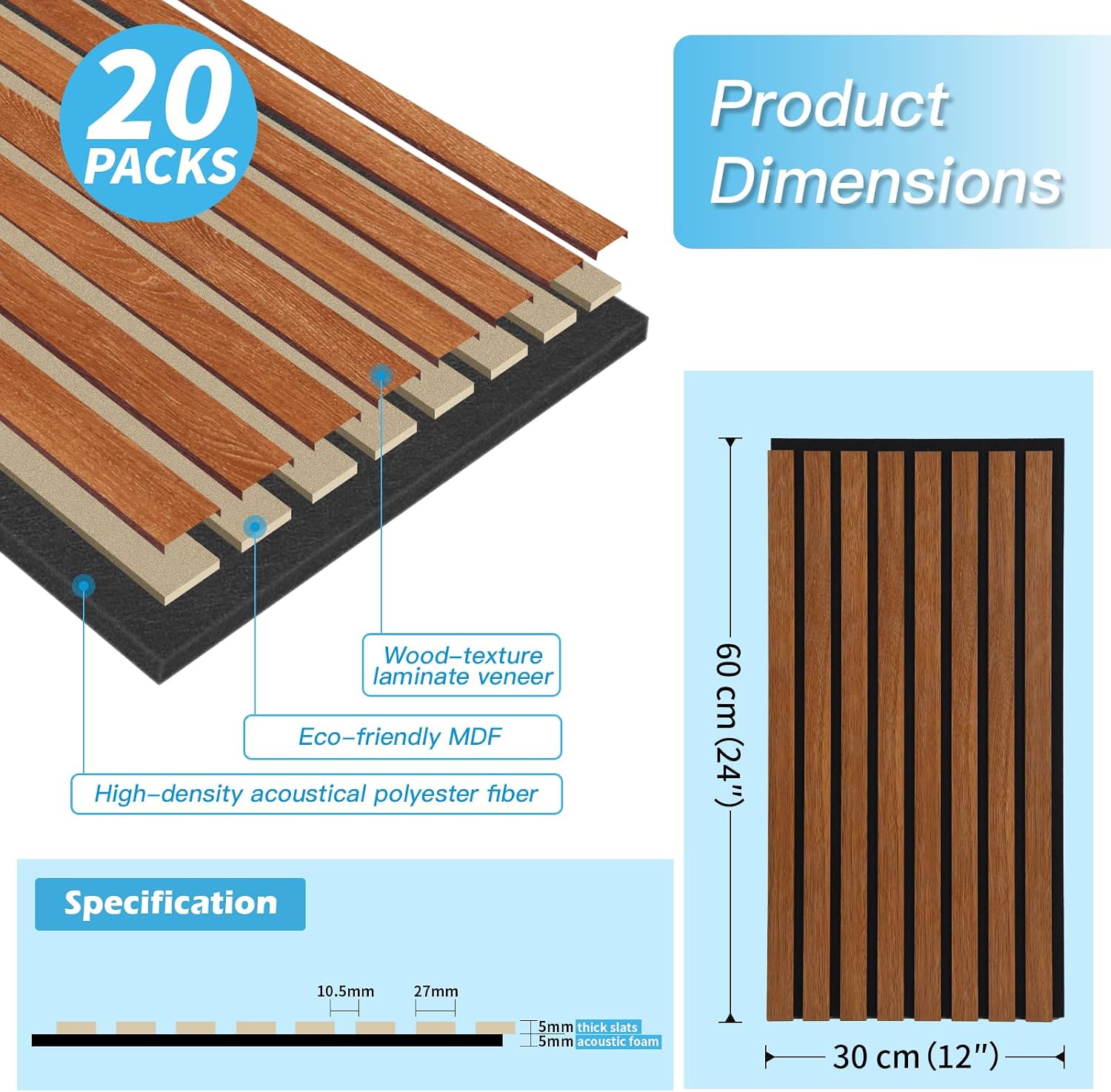 Detalle de Art3d A31at732WA20euz akoestische wandpanelen walnoot 3D, 20 stuks