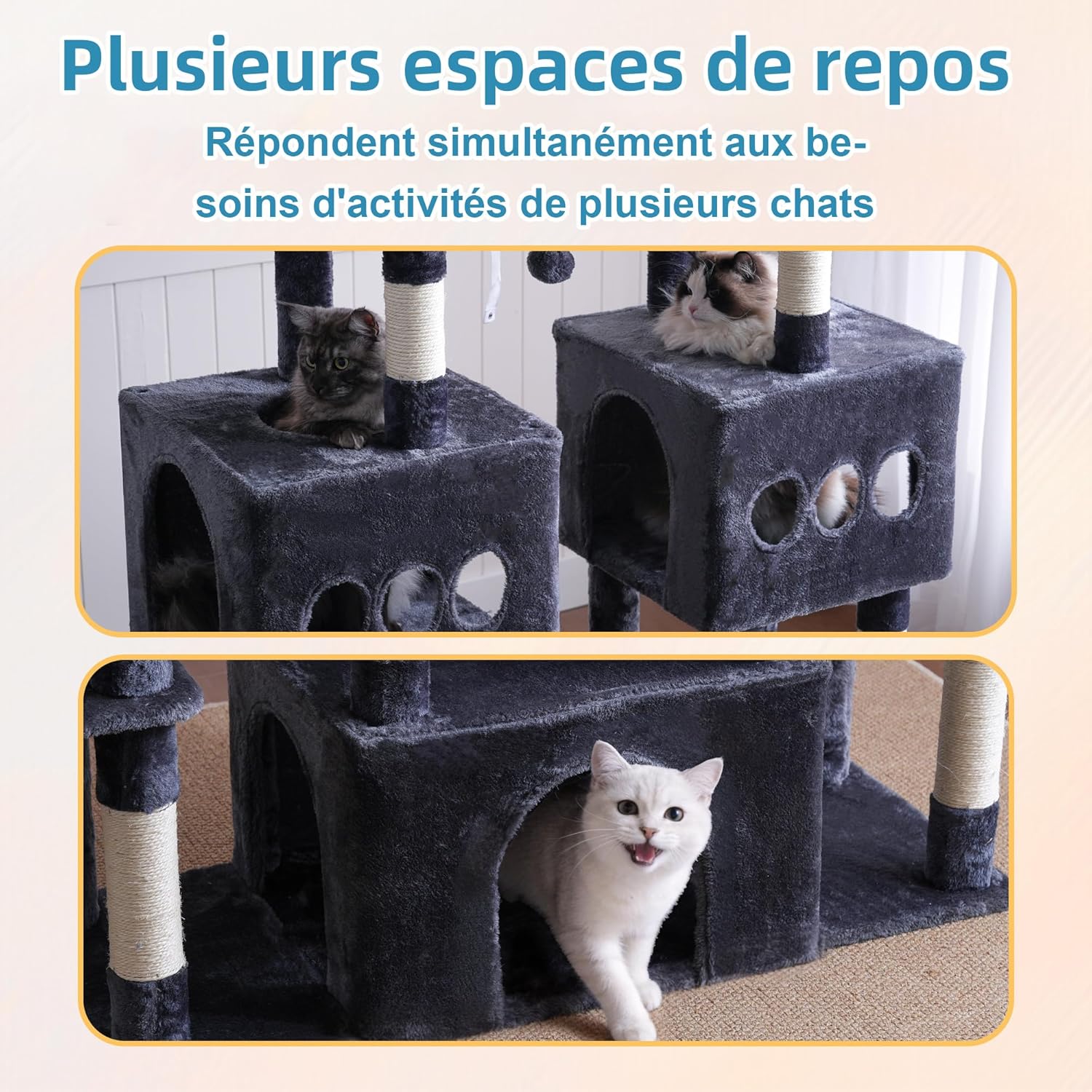 Detalle 2 de Hey-brother Arbre à Chat MPJ083G — Tour de Jeux Multiniveaux 144 cm pour Maine Coon