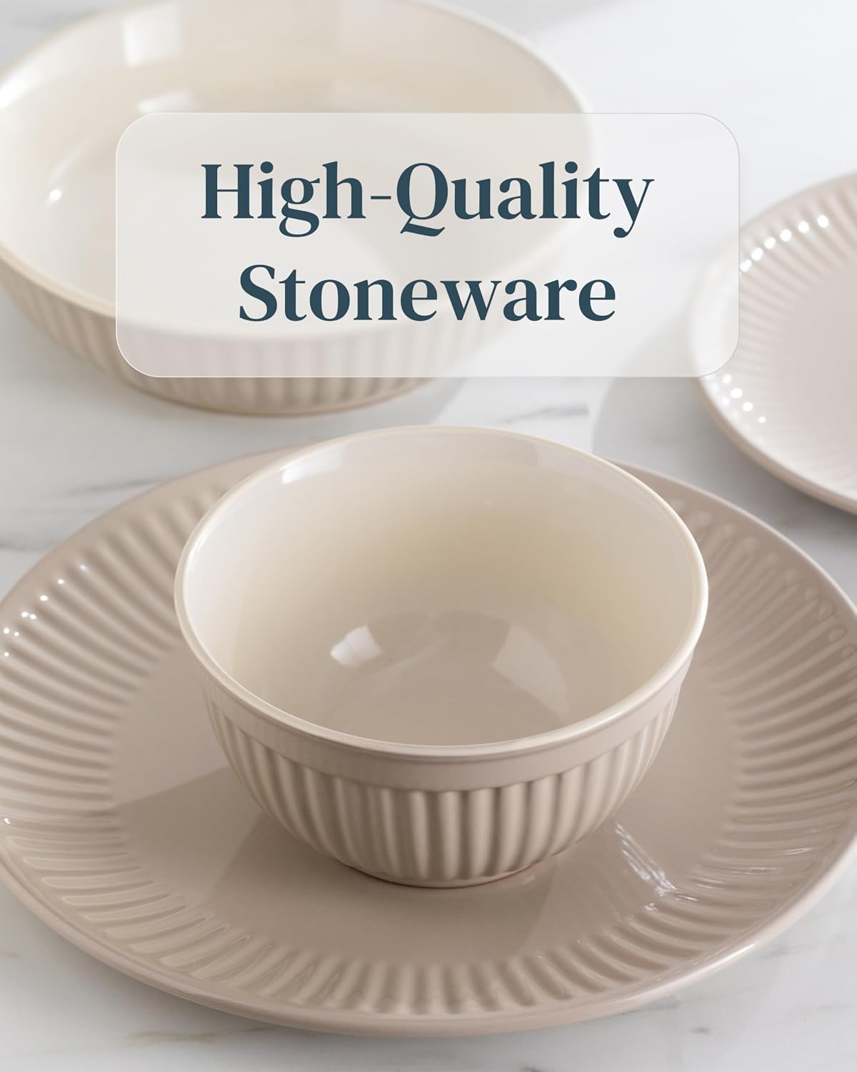 Detalle 2 de HYGGE 16-Piece Stoneware Dinnerware Set for 4 | Elegant Scandi Ribbed Design in Light Brown