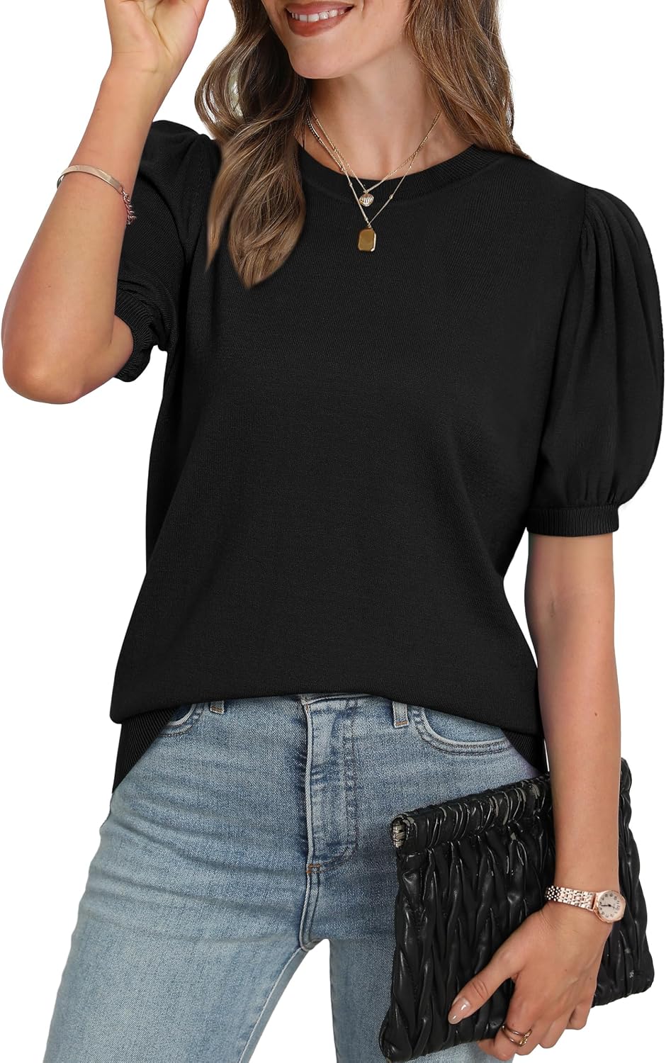 Detalle de WIHOLL Women’s Puff Short Sleeve Sweater Top for Work and Casual Wear