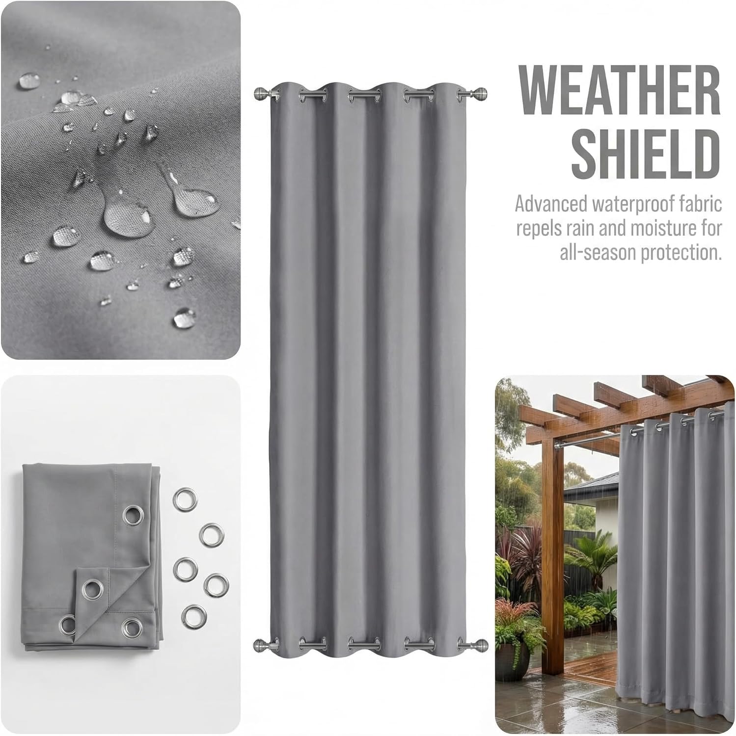 Thumbnail 3 de LiveGo Outdoor Curtains Waterproof with Grommet (Top and Bottom) – 2 Panels, Light Grey, 140 × 275cm