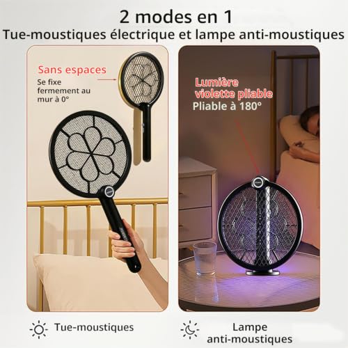 Detalle de GLÜCKLUZ Raquette Tue-Moustiques 2 en 1: Anti-Mug UV et Lampe, USB-C, 1800mAh