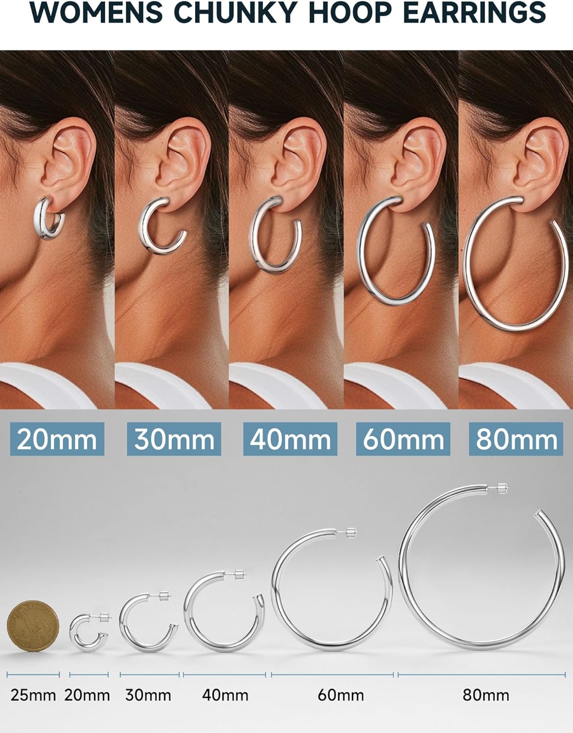Thumbnail 6 de PROSTEEL Boucles d’oreilles femme demi-créoles anneaux ouverts en acier inoxydable (20/30/40/60/80 mm)