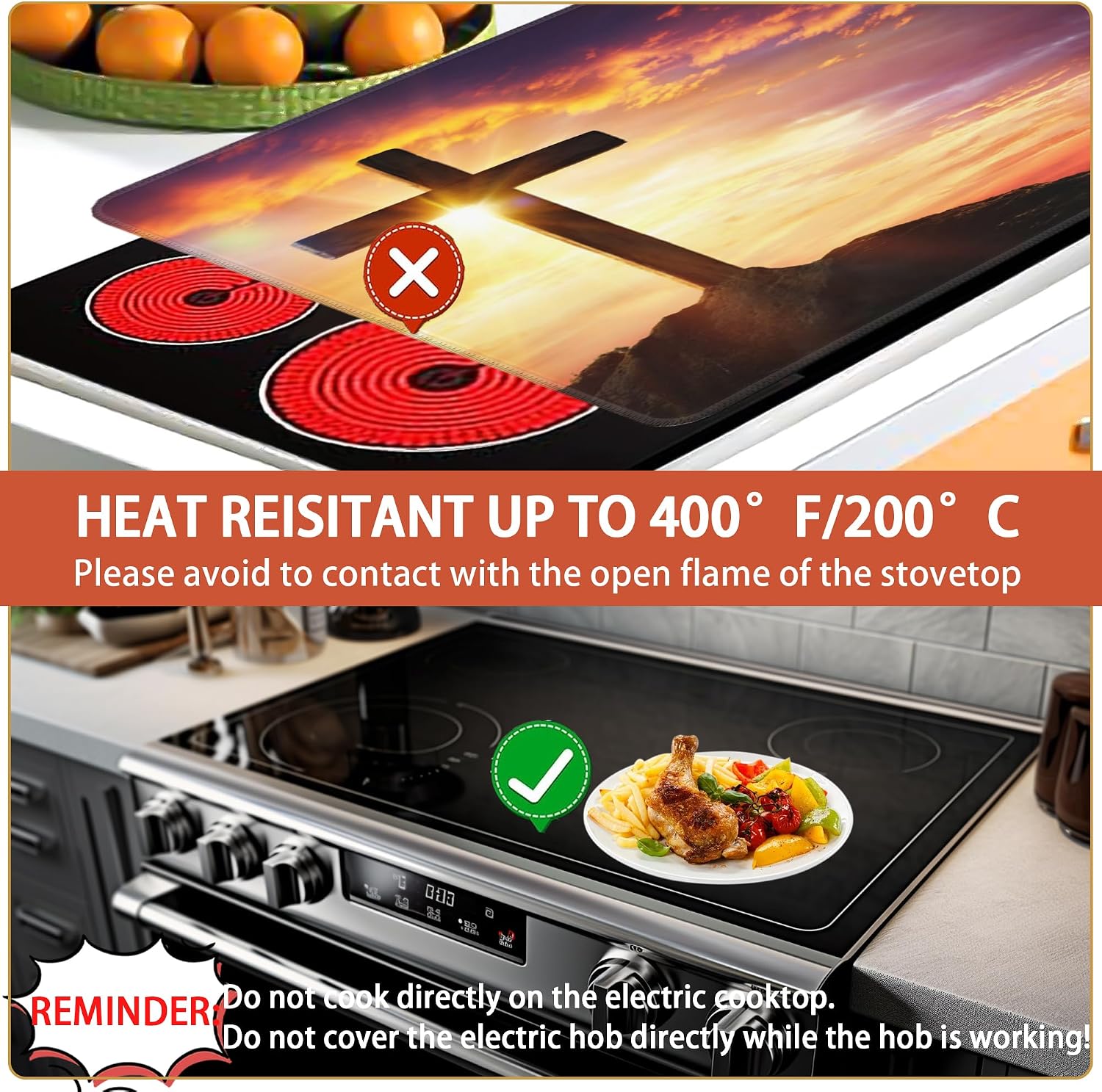 Detalle de Kazxcoa Cross Sunset Glass Stove Top Cover Mat, Heat-Resistant Rubber