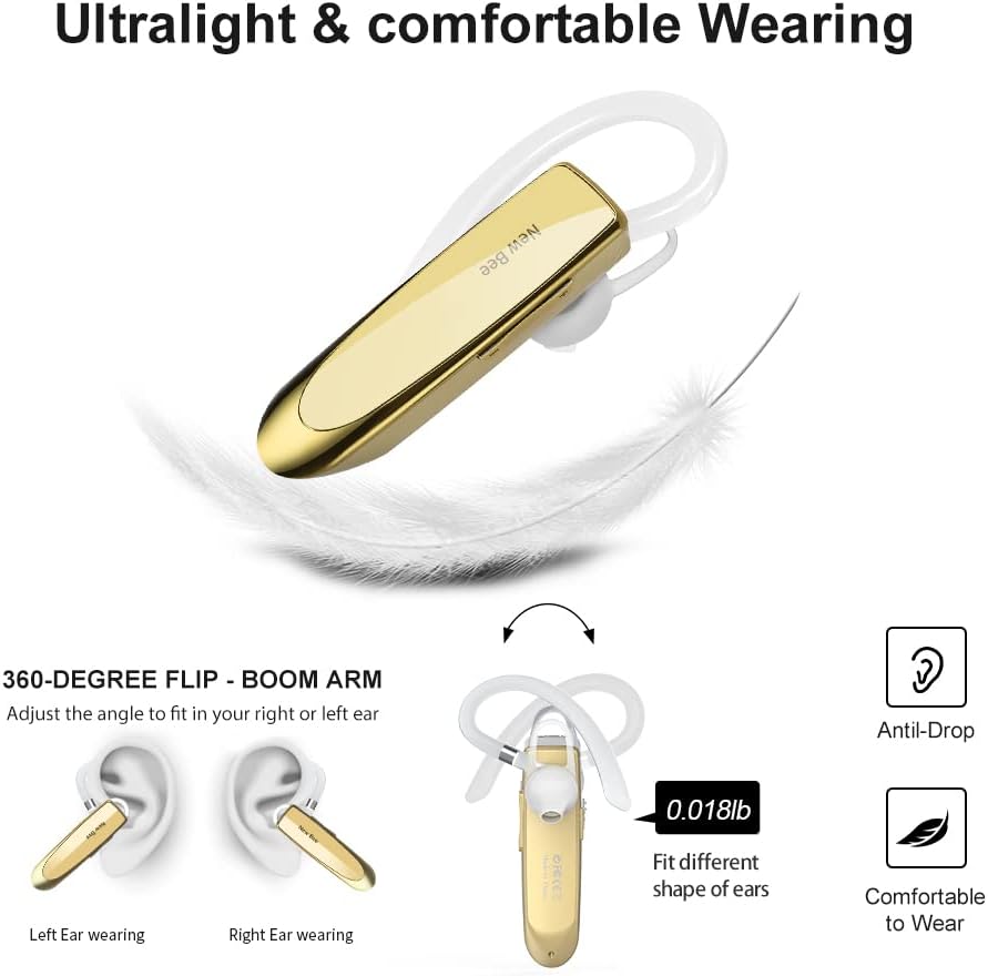 Detalle 2 de New Bee Bluetooth Earpiece Handsfree Headset (Clear Voice, CVC 6.0, 24hrs talk) with clip & case
