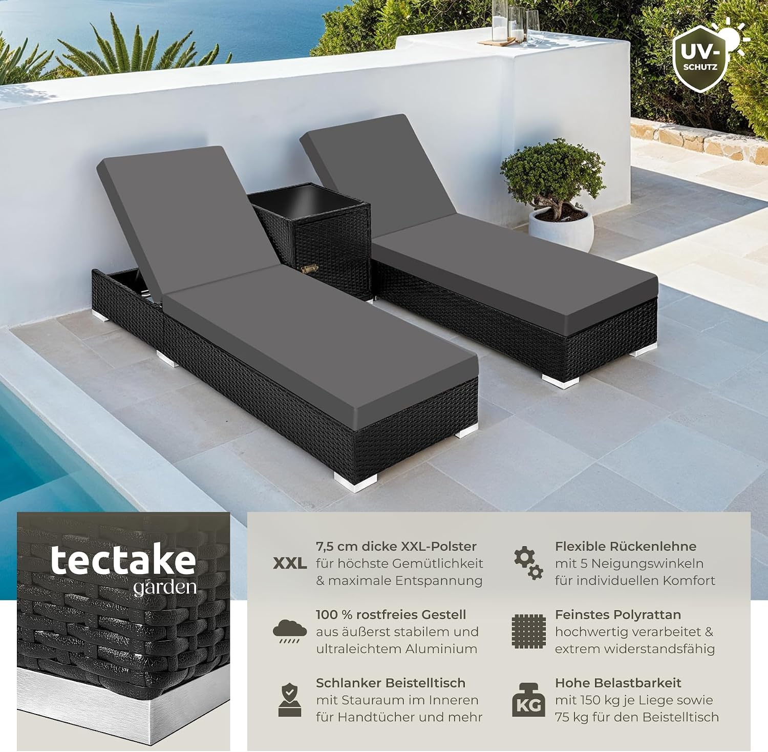 Detalle de tectake® 2er Garten Lounge Sonnenliegen-Set mit Tisch – Aluminium & Outdoor Poly Rattan, inkl. 2 Bezugsets und Schutzhülle