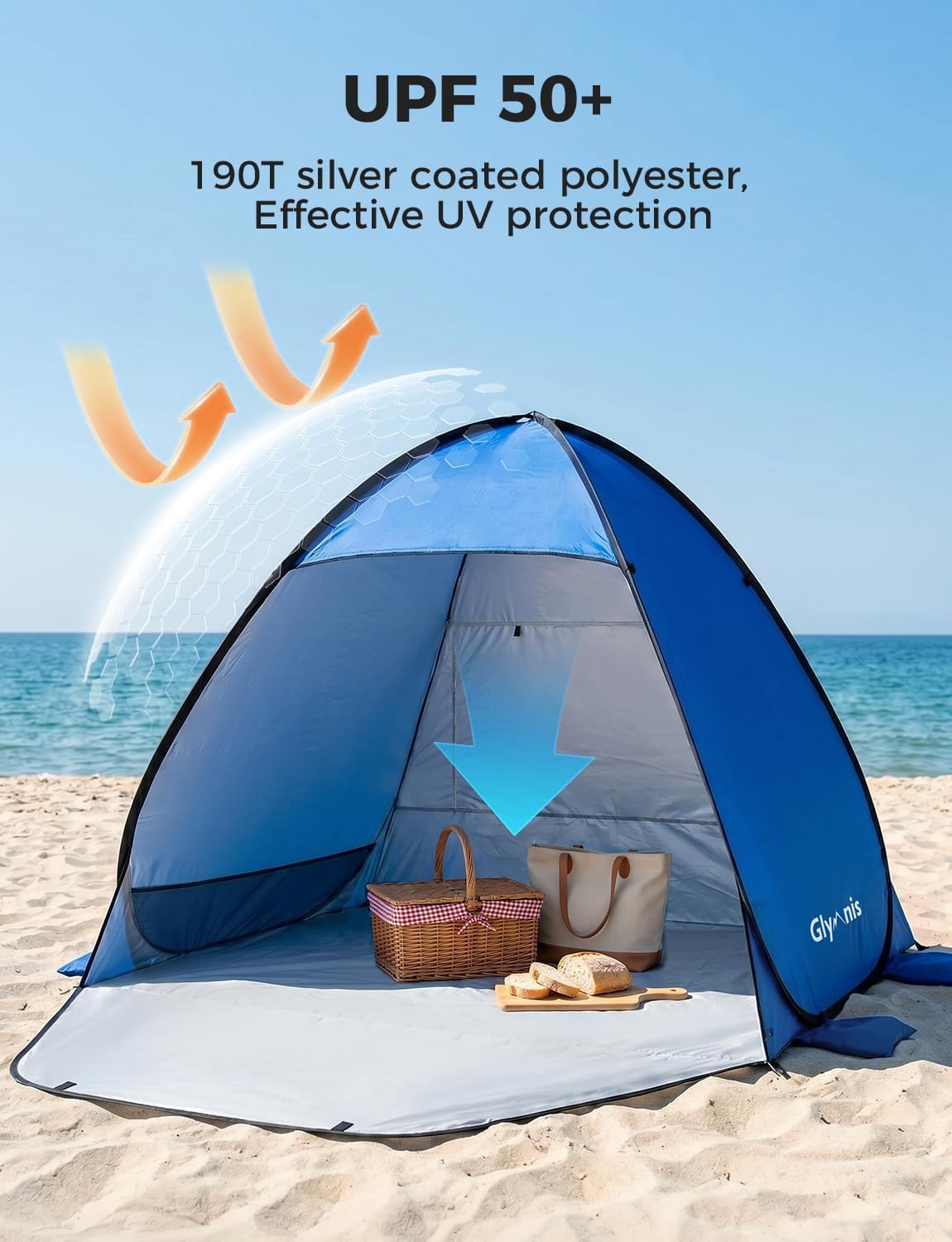 Thumbnail 3 de Glymnis Strandmuschel Pop Up Strandzelt – UV-Schutz 50+ und Windschutz, Blau, 185×140×115 cm