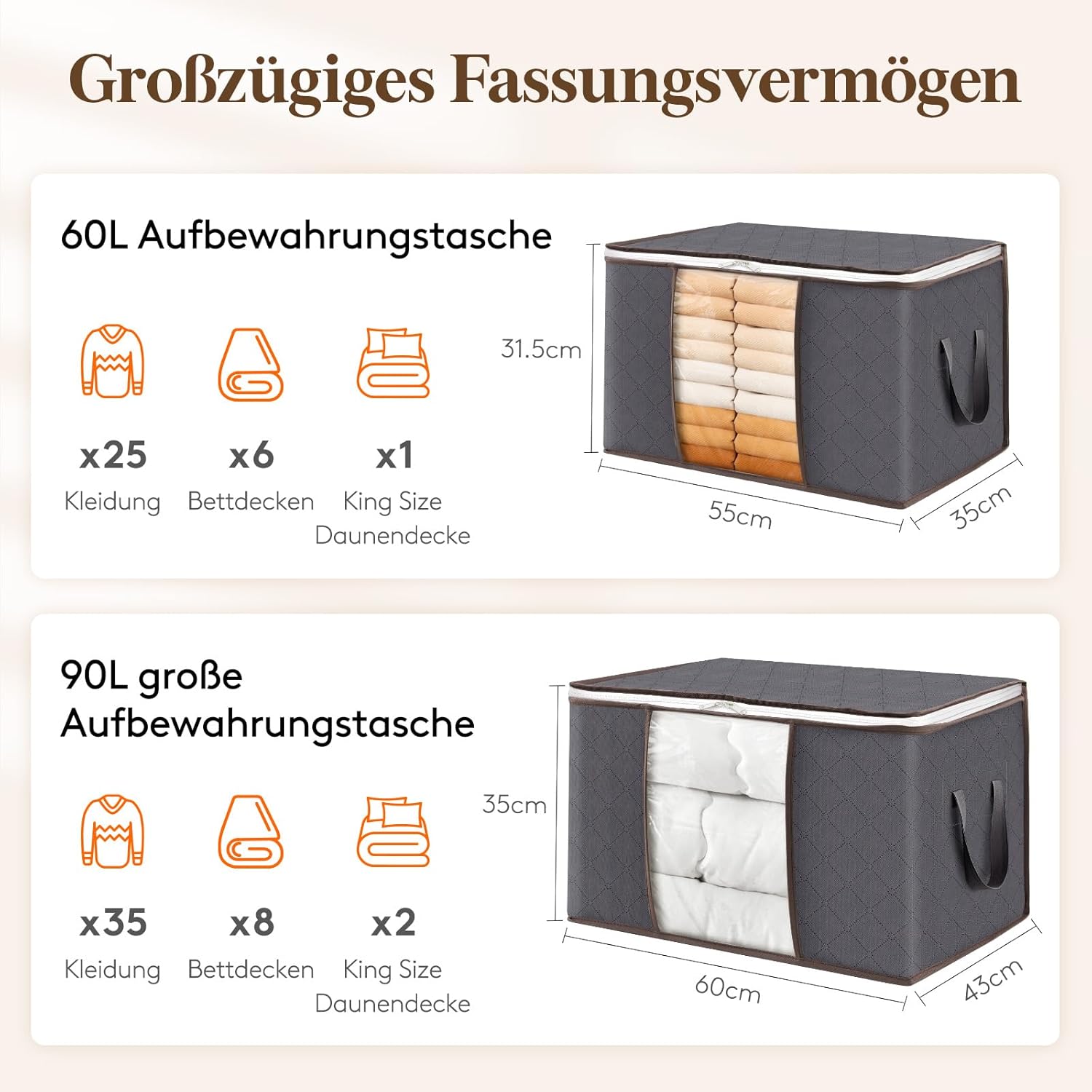 Thumbnail 1 de Lifewit Aufbewahrungstasche Groß 60L – 4 Stück, mit Deckel, verstärktem Griff, 55 × 35 × 31,5 cm, Grau