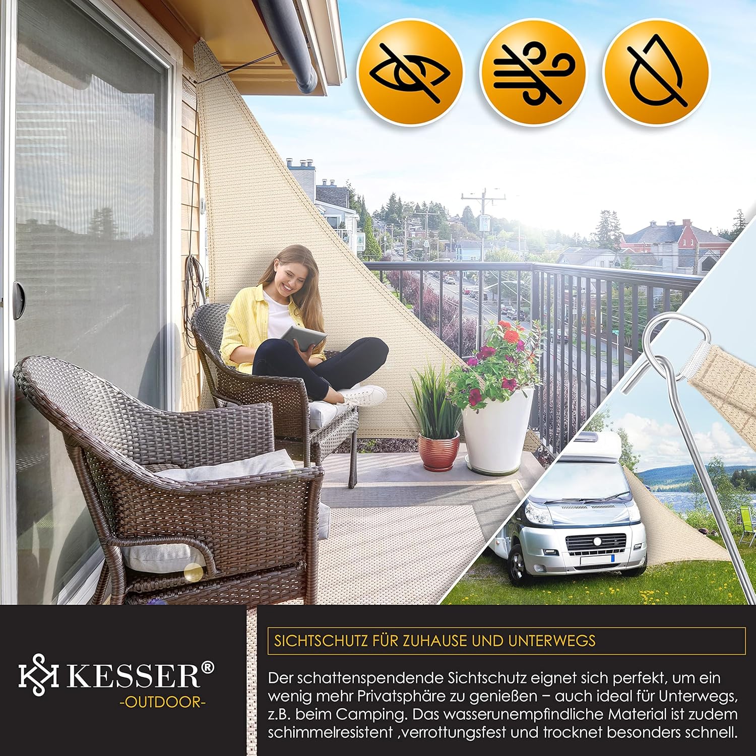 Thumbnail 4 de KESSER® Sonnensegel Sonnenschutz Windschutz 3x3x3 m – HDPE, wasserabweisend, windabweisend