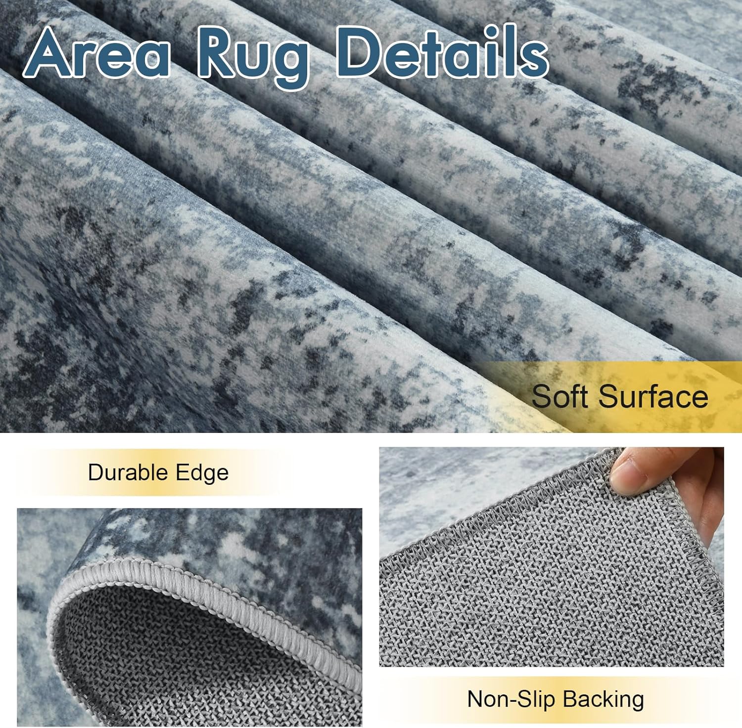Detalle de 6x9 Ft Blue Abstract Area Rug — Non-Slip, Washable, Soft Low-Pile for Living Room
