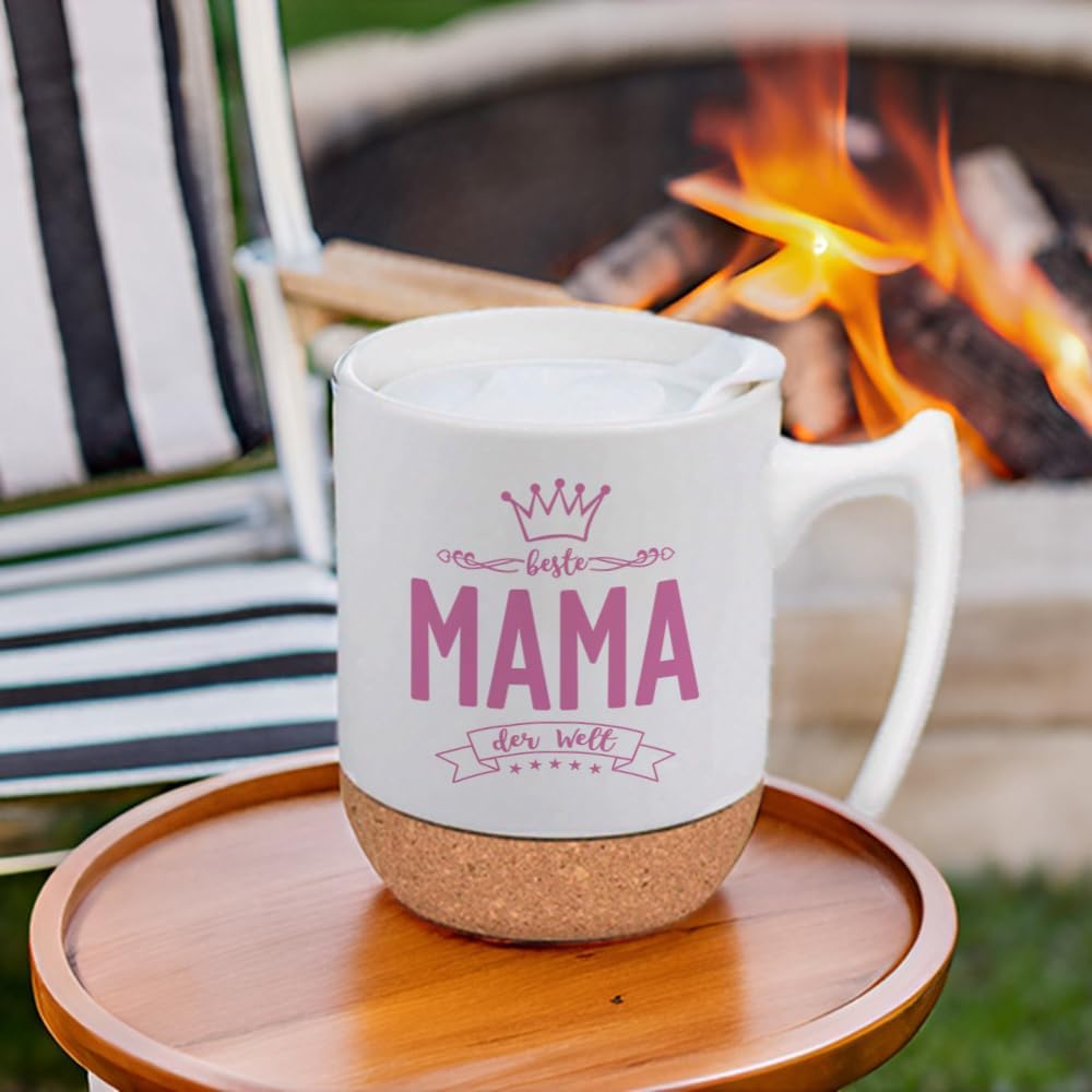 Detalle de Muttertagsgeschenk: Kaffeetasse mit Deckel und Untersetzer – Beste Mama der Welt, 350 ml