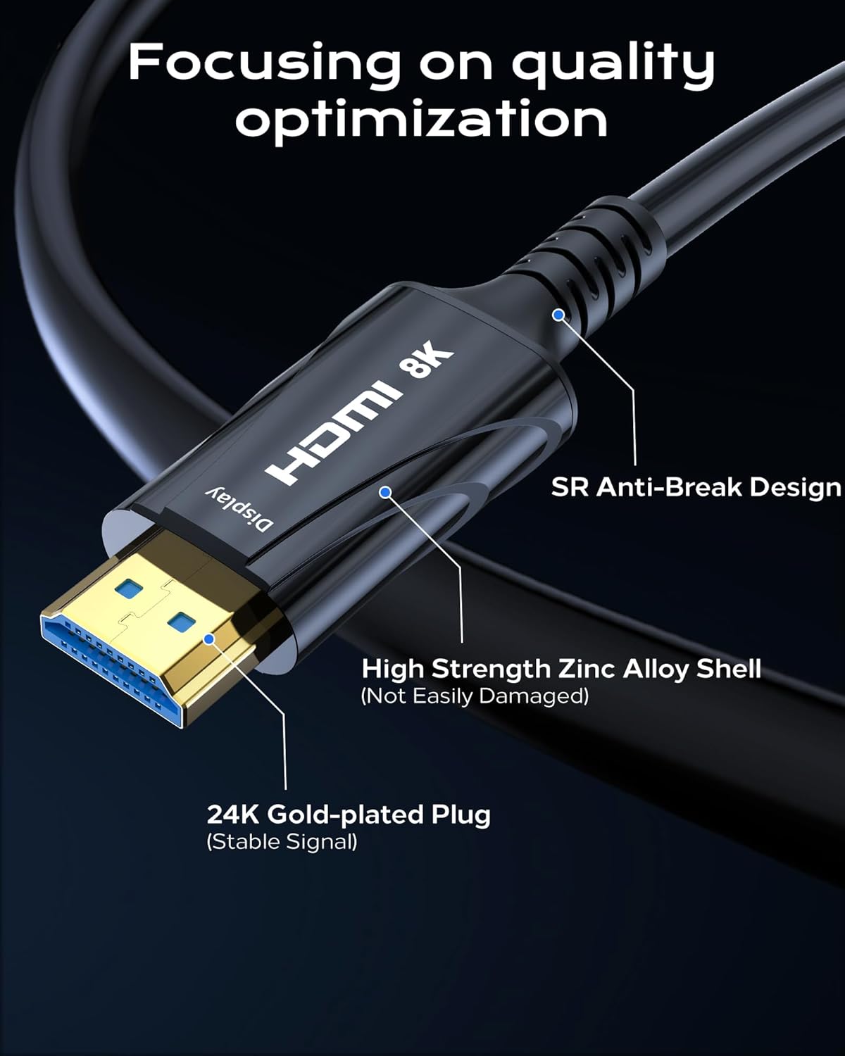 Detalle de Cratree 8K Fiber Optic HDMI Cable (20FT) — 48Gbps High-Speed for 8K 60Hz and 4K 120Hz